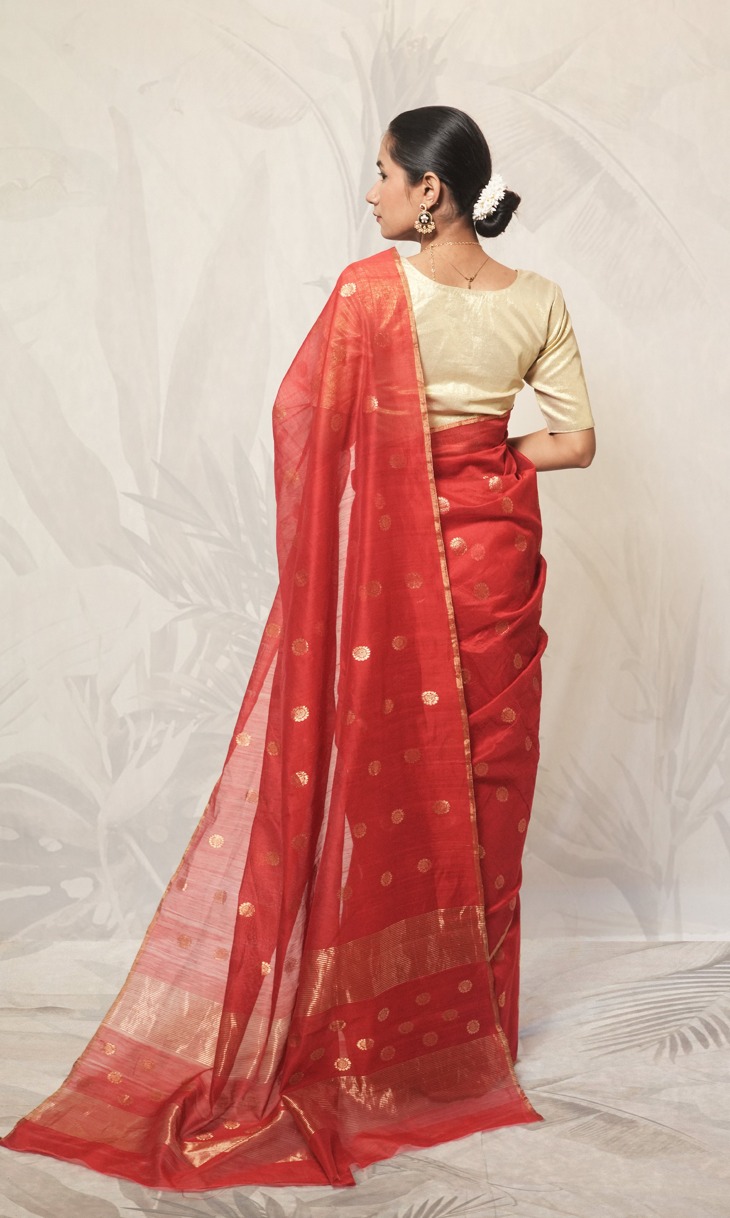 Red And Gold Mohar Chanderi Silk Saree