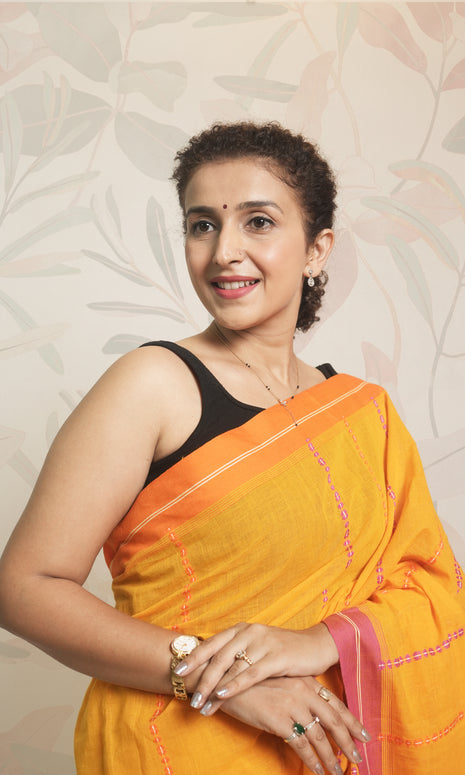 Yellow, Pink & Orange Begumpuri Cotton Saree Without Blouse Piece