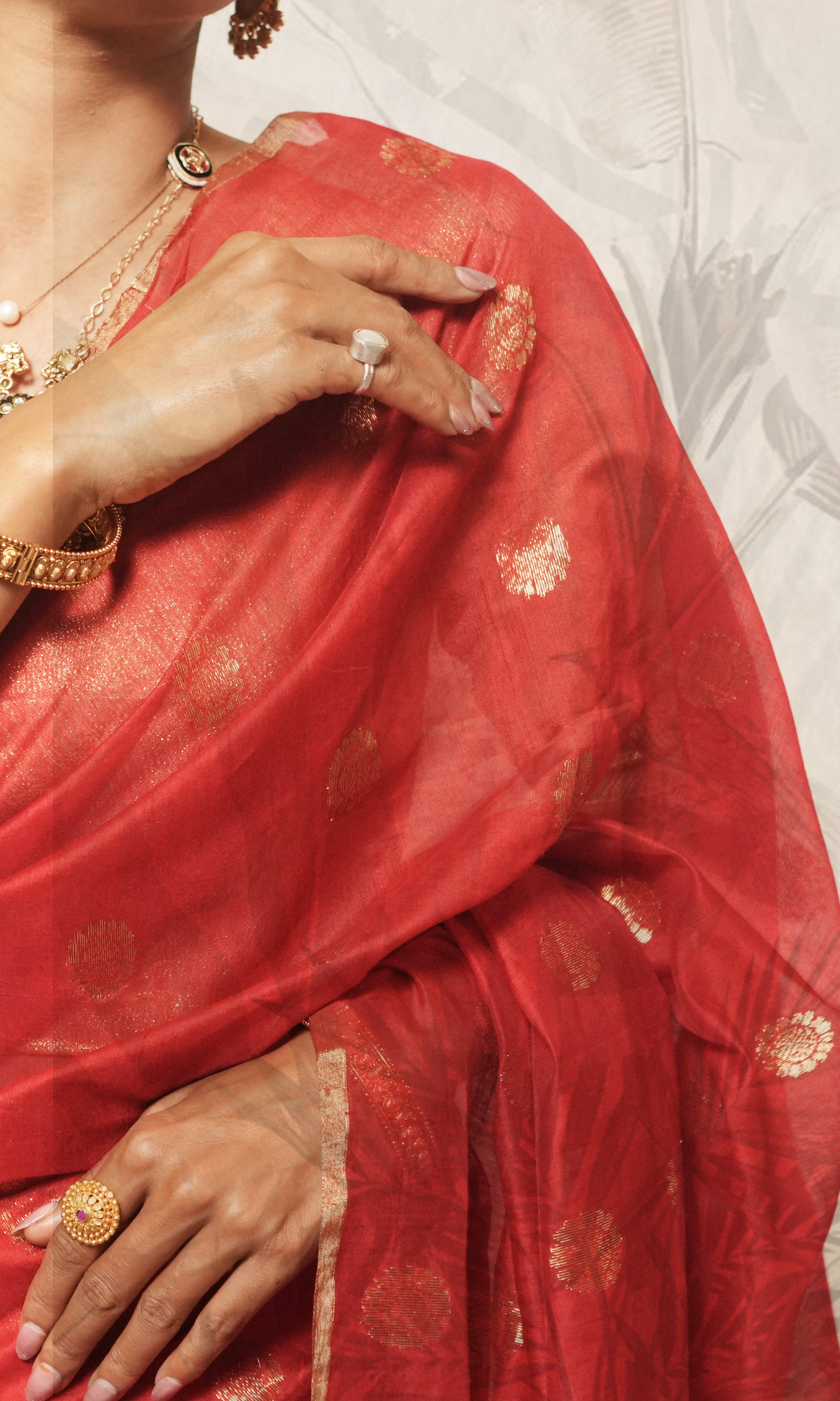 Red And Gold Mohar Chanderi Silk Saree
