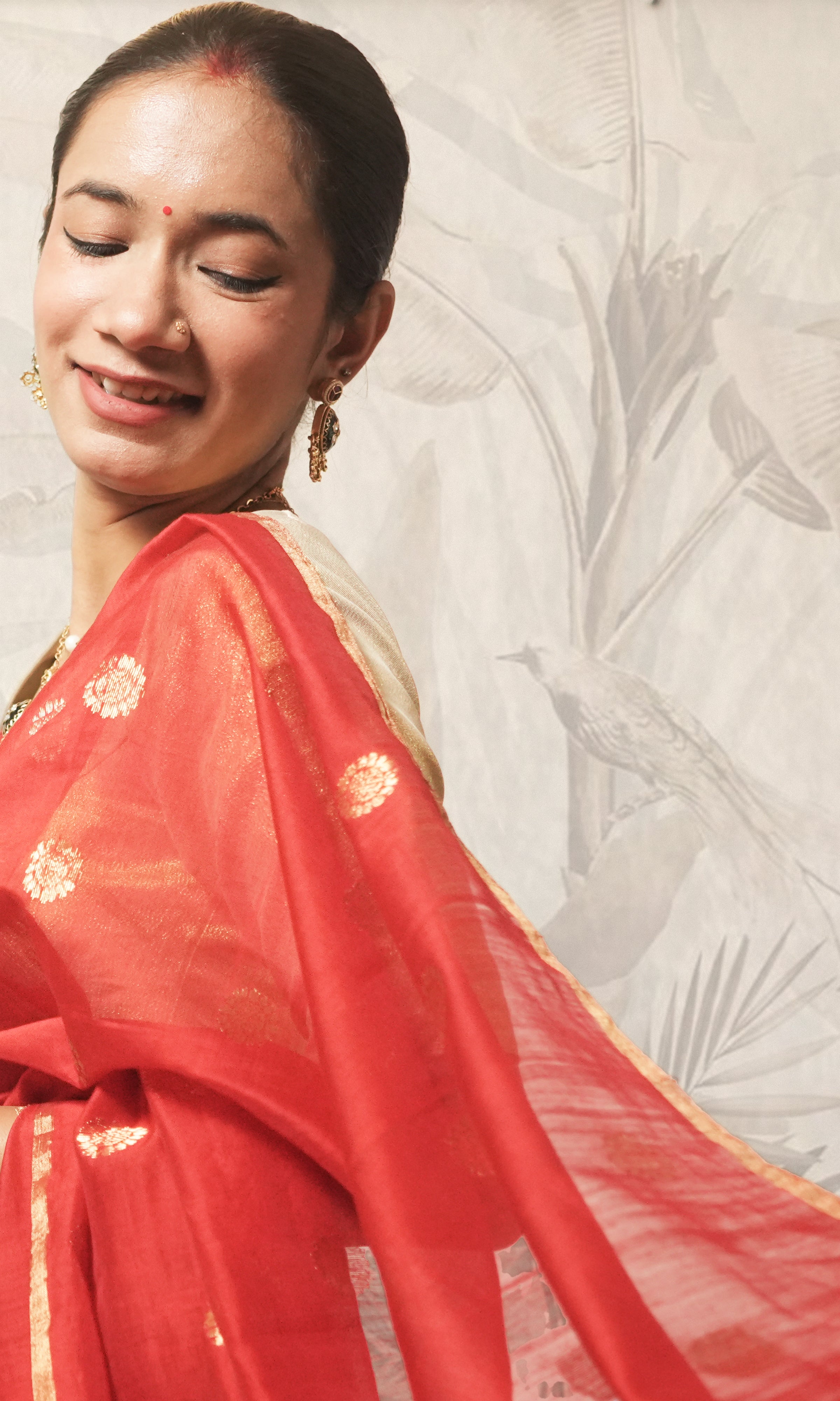 Red And Gold Mohar Chanderi Silk Saree