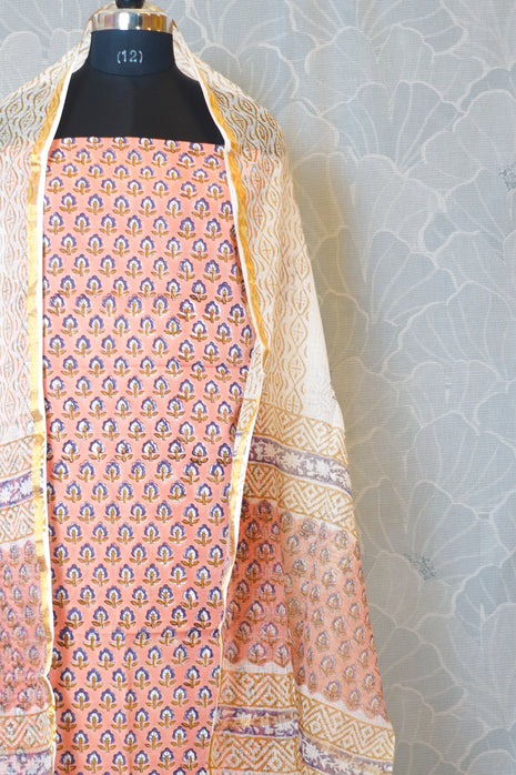 Peach & White Cotton Dress Material