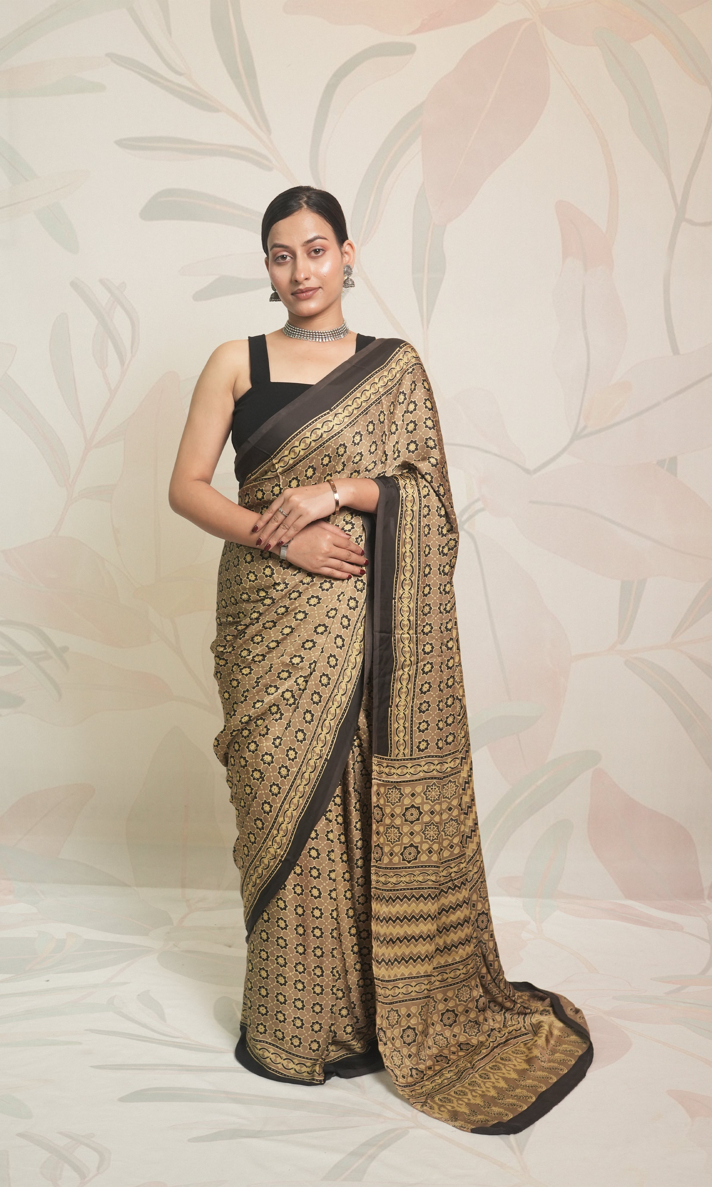 Dirty Gold & Black Ajrak Print Modal Silk Saree With Blouse Piece