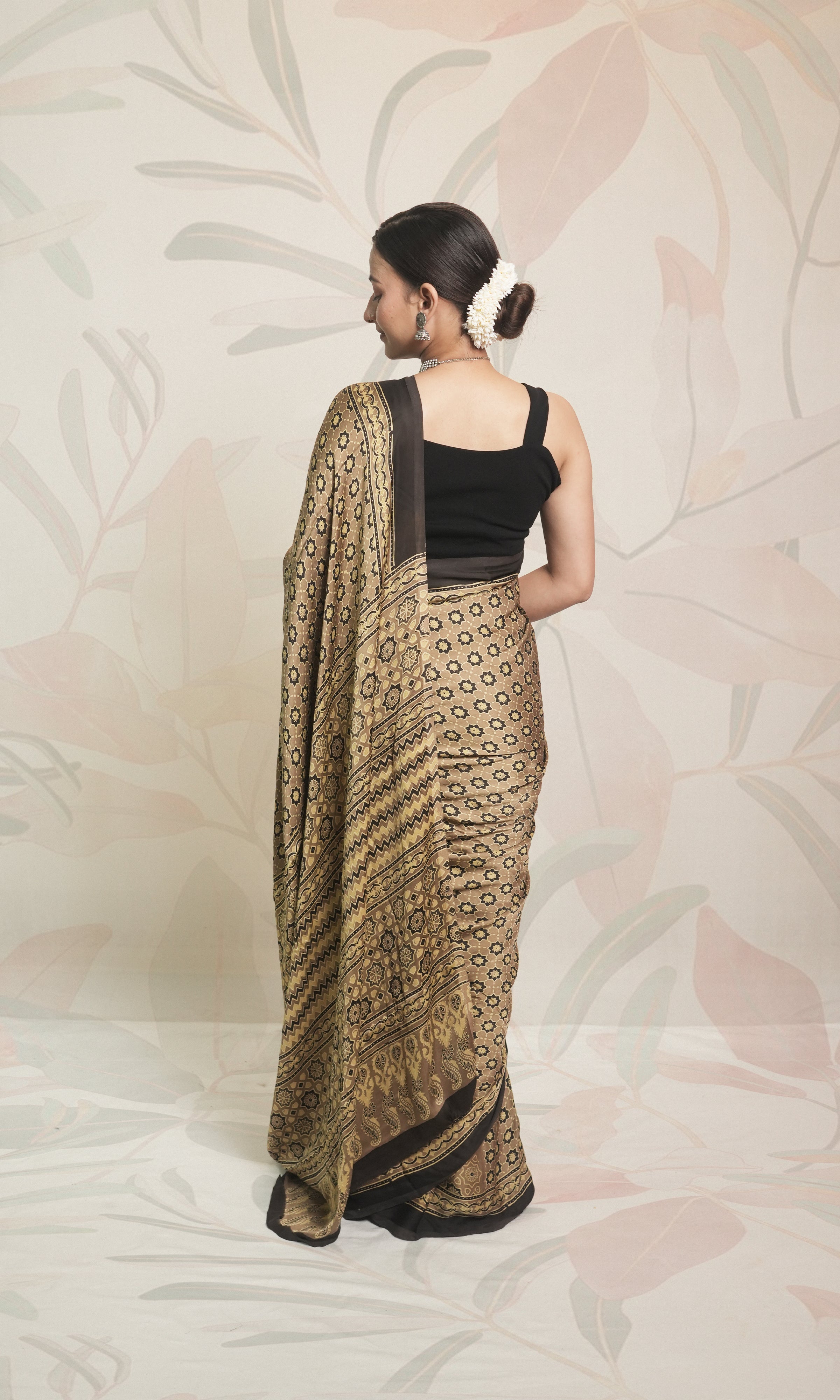 Dirty Gold & Black Ajrak Print Modal Silk Saree With Blouse Piece