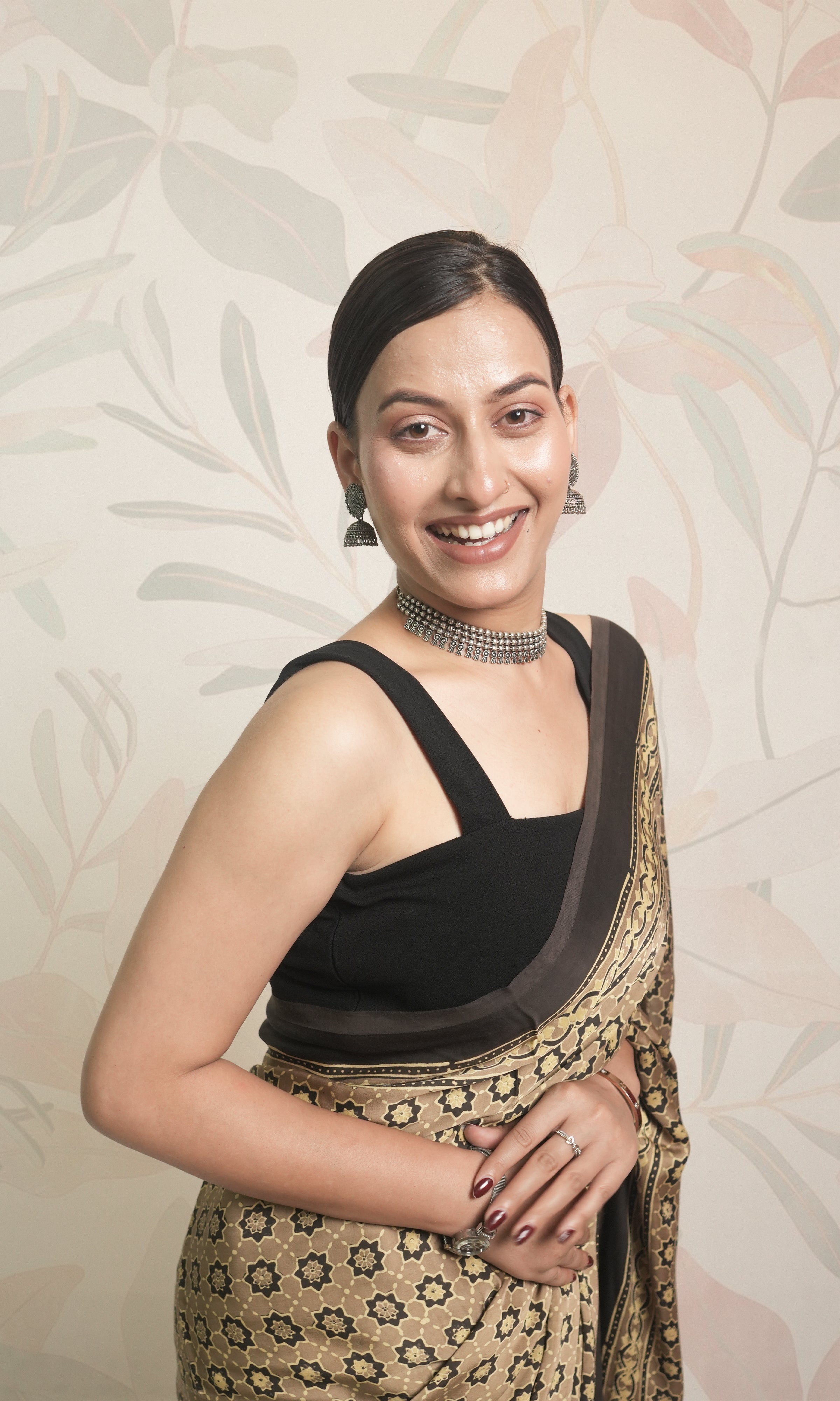 Dirty Gold & Black Ajrak Print Modal Silk Saree With Blouse Piece