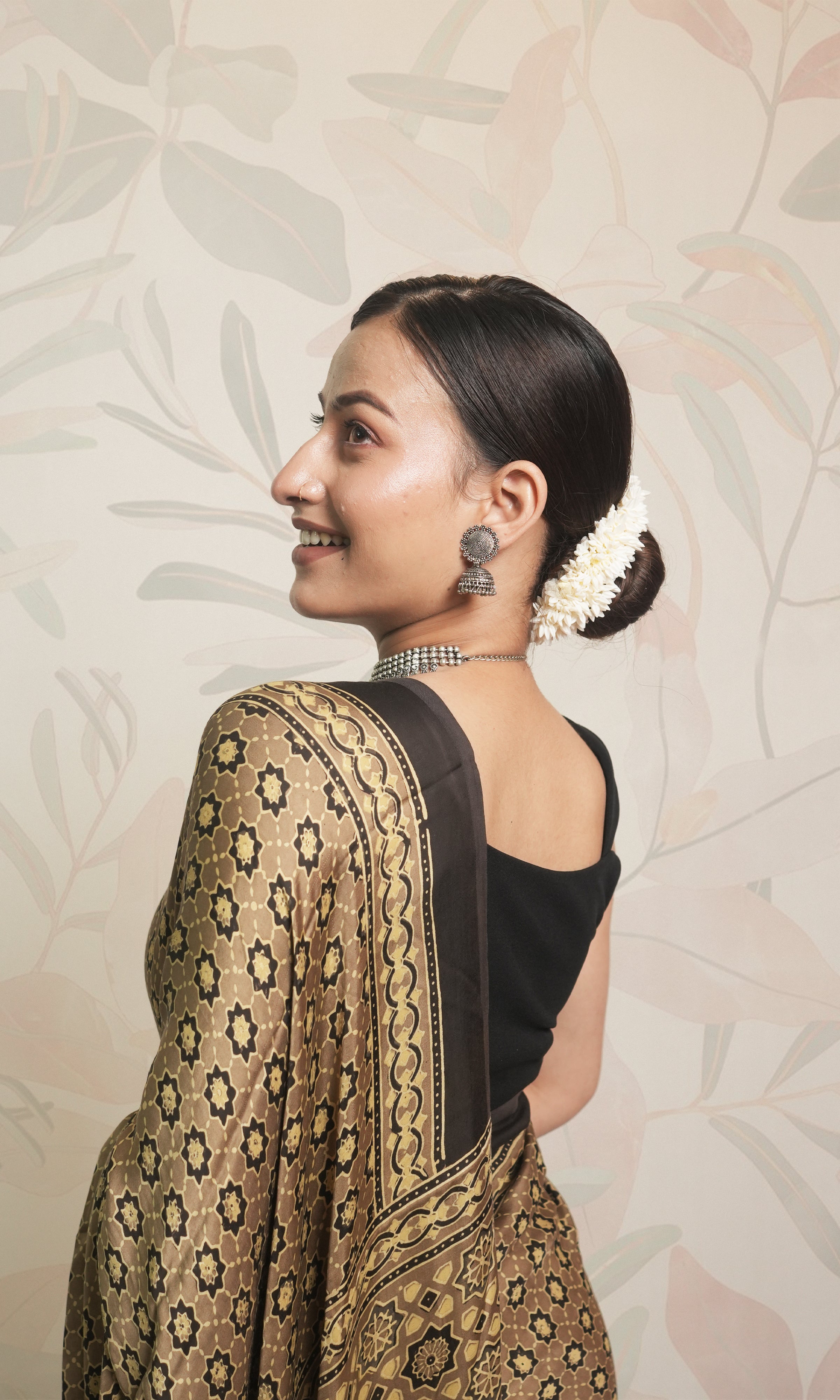 Dirty Gold & Black Ajrak Print Modal Silk Saree With Blouse Piece