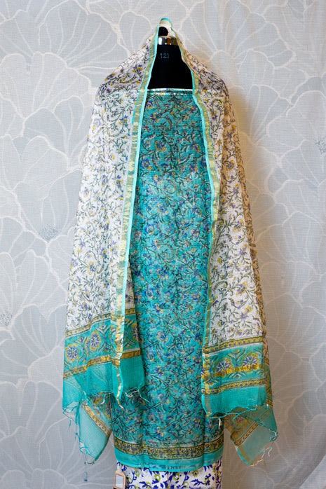Turquoise & White Kota Cotton Dress Material