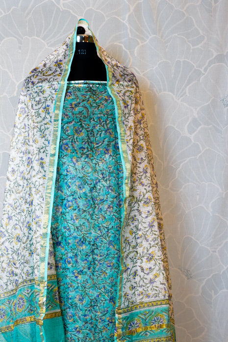 Turquoise & White Kota Cotton Dress Material