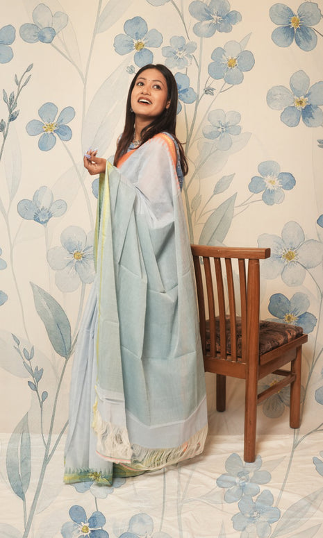 Ice Blue Green ,Orange Ganga Jamuna  Border Ponduru Khadi Saree
