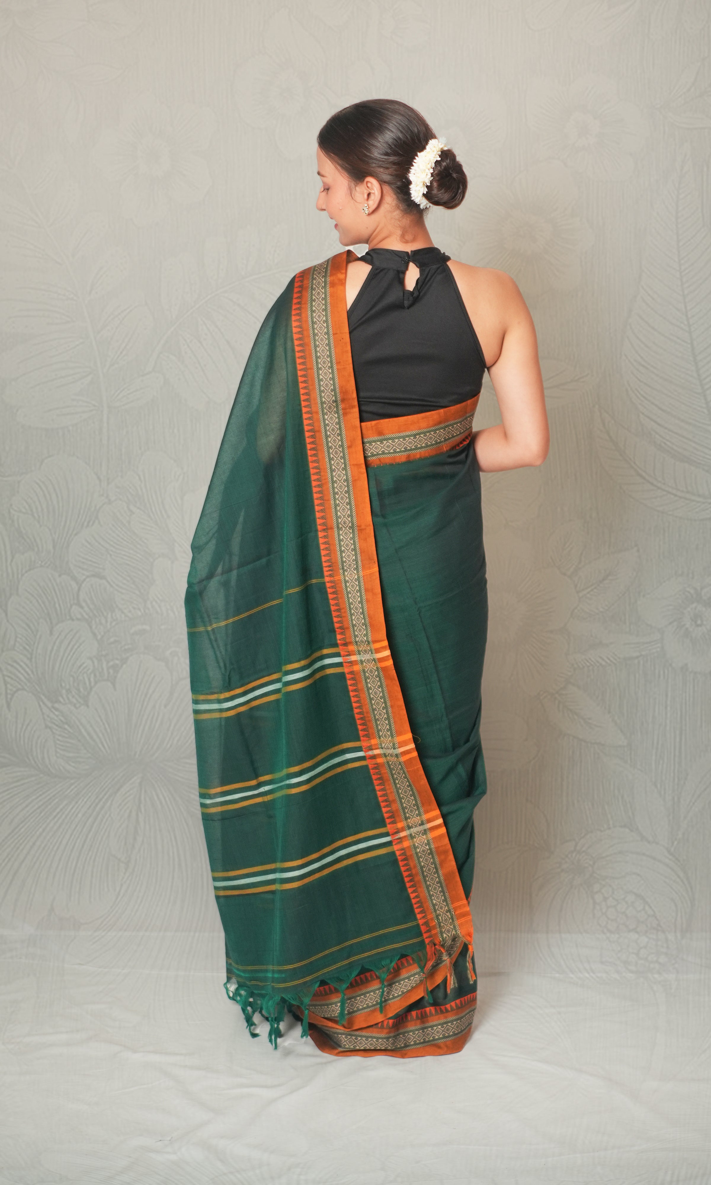 Bottle Green & Yellow Cotton Saree With Blouse Piece