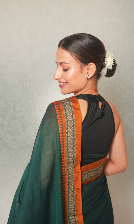 Bottle Green & Yellow Cotton Saree With Blouse Piece