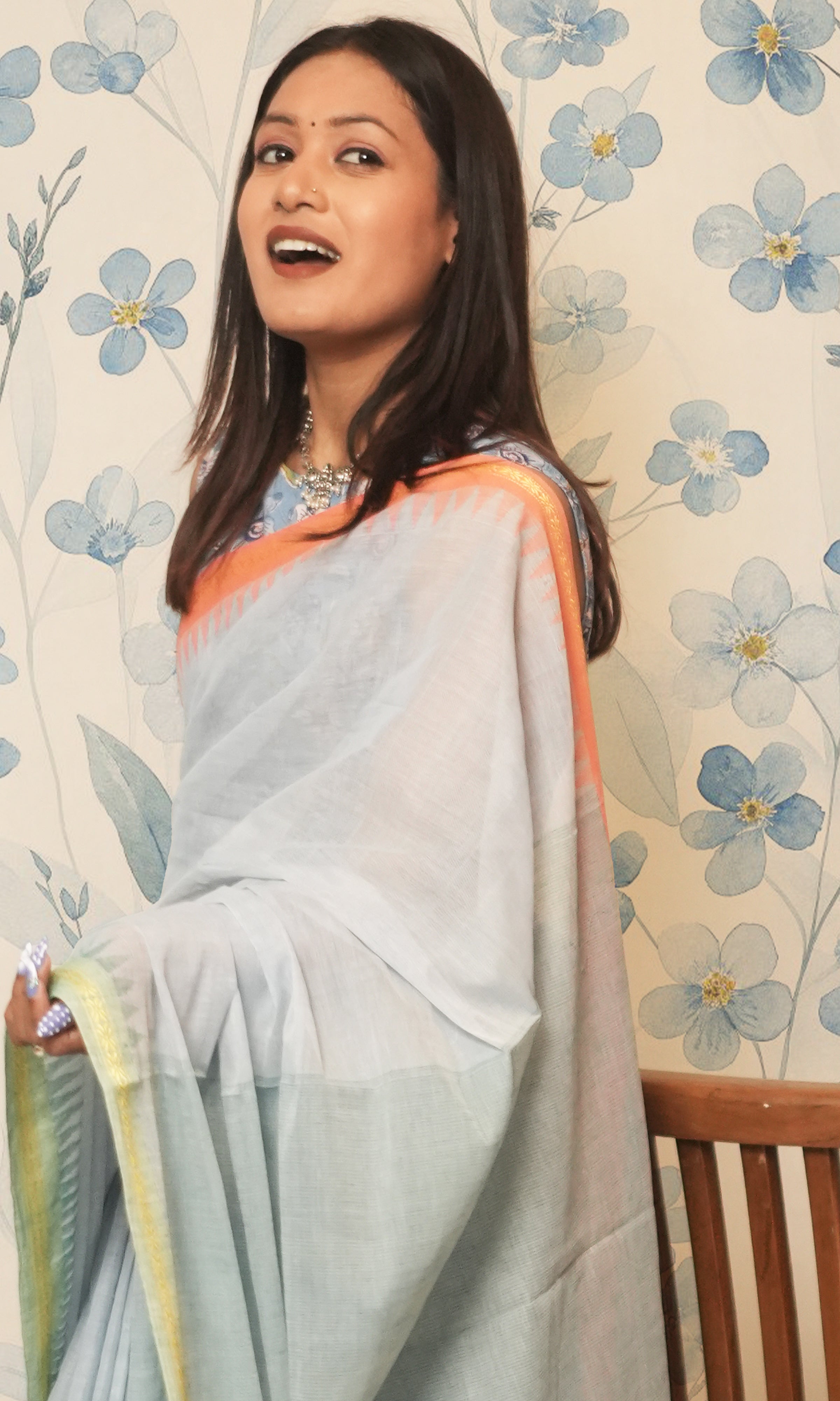 Ice Blue Green ,Orange Ganga Jamuna  Border Ponduru Khadi Saree