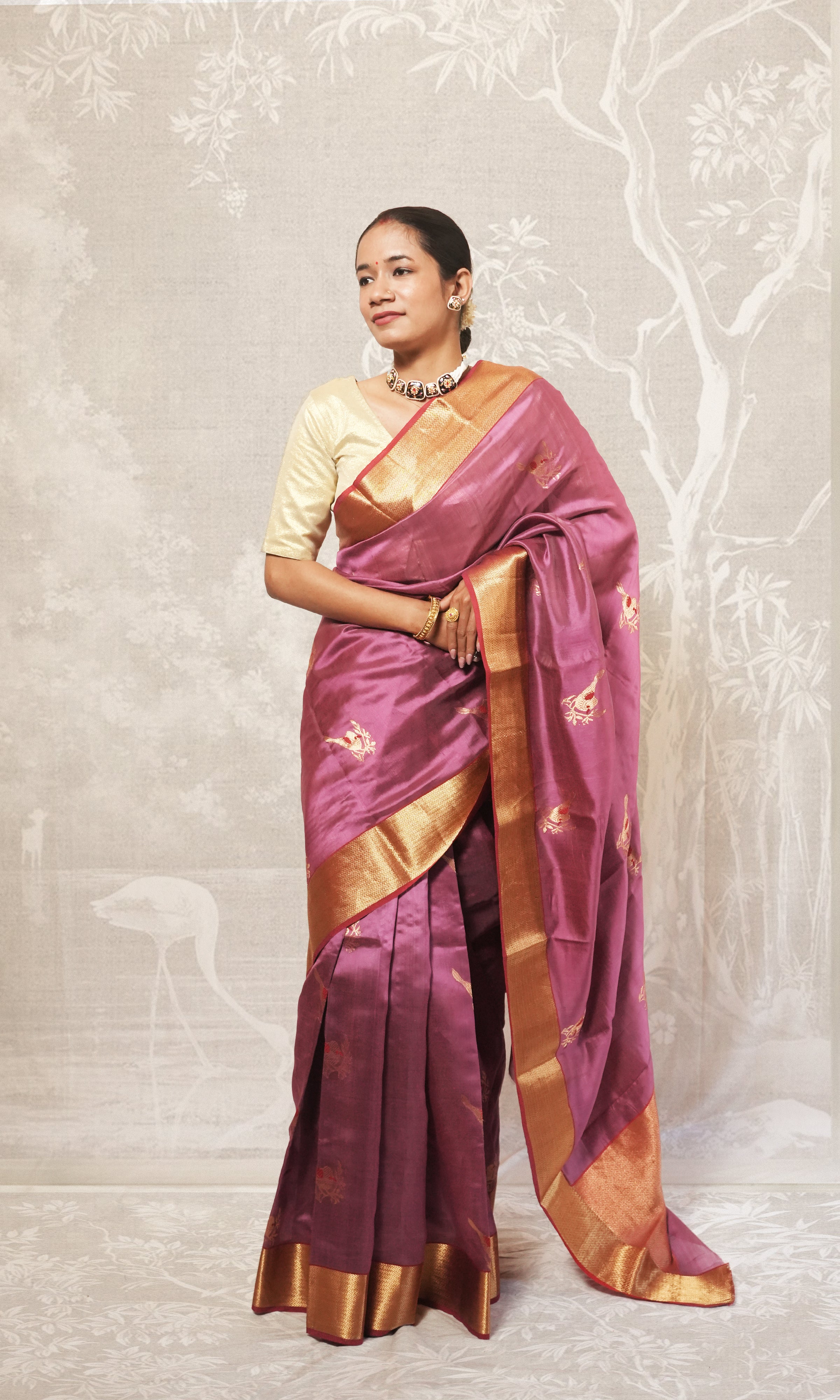 Deep Mauve Red Gold  Border Mashroo Silk Chanderi  Saree
