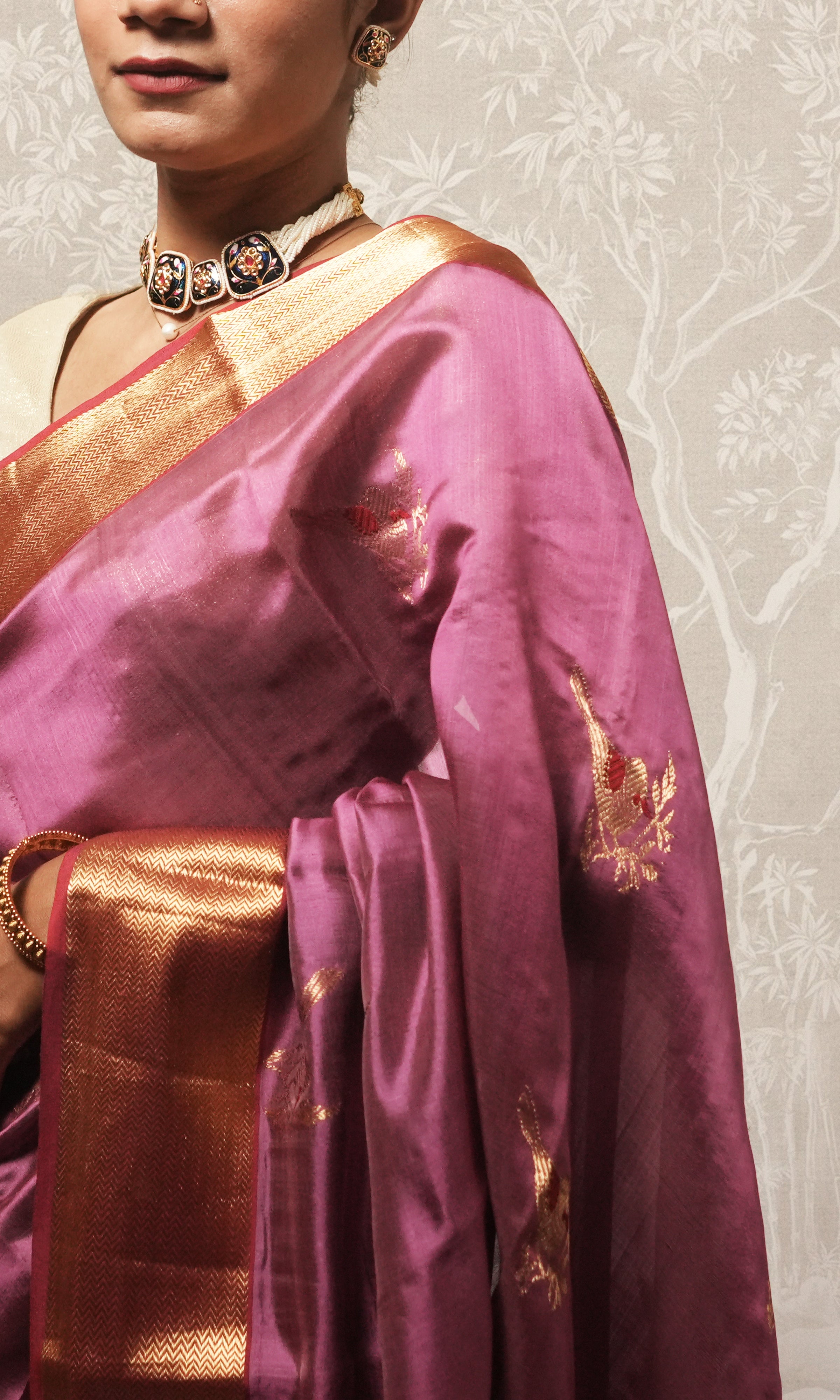 Deep Mauve Red Gold  Border Mashroo Silk Chanderi  Saree