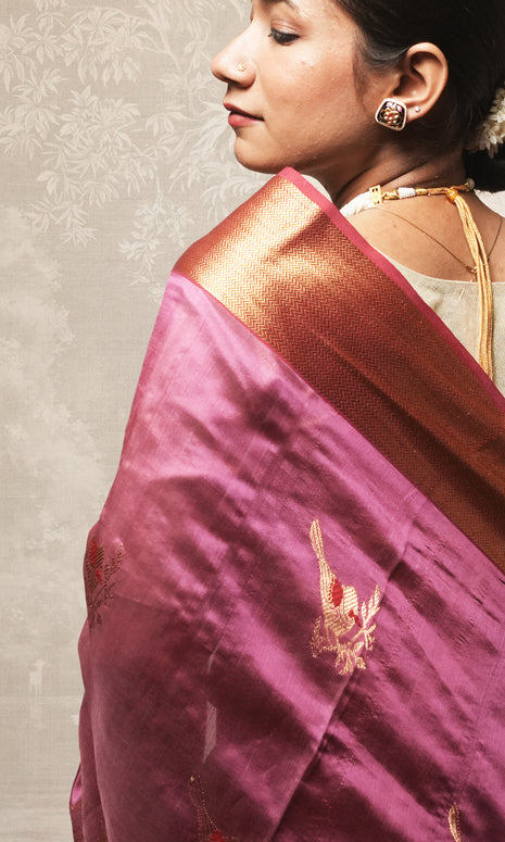 Deep Mauve Red Gold  Border Mashroo Silk Chanderi  Saree