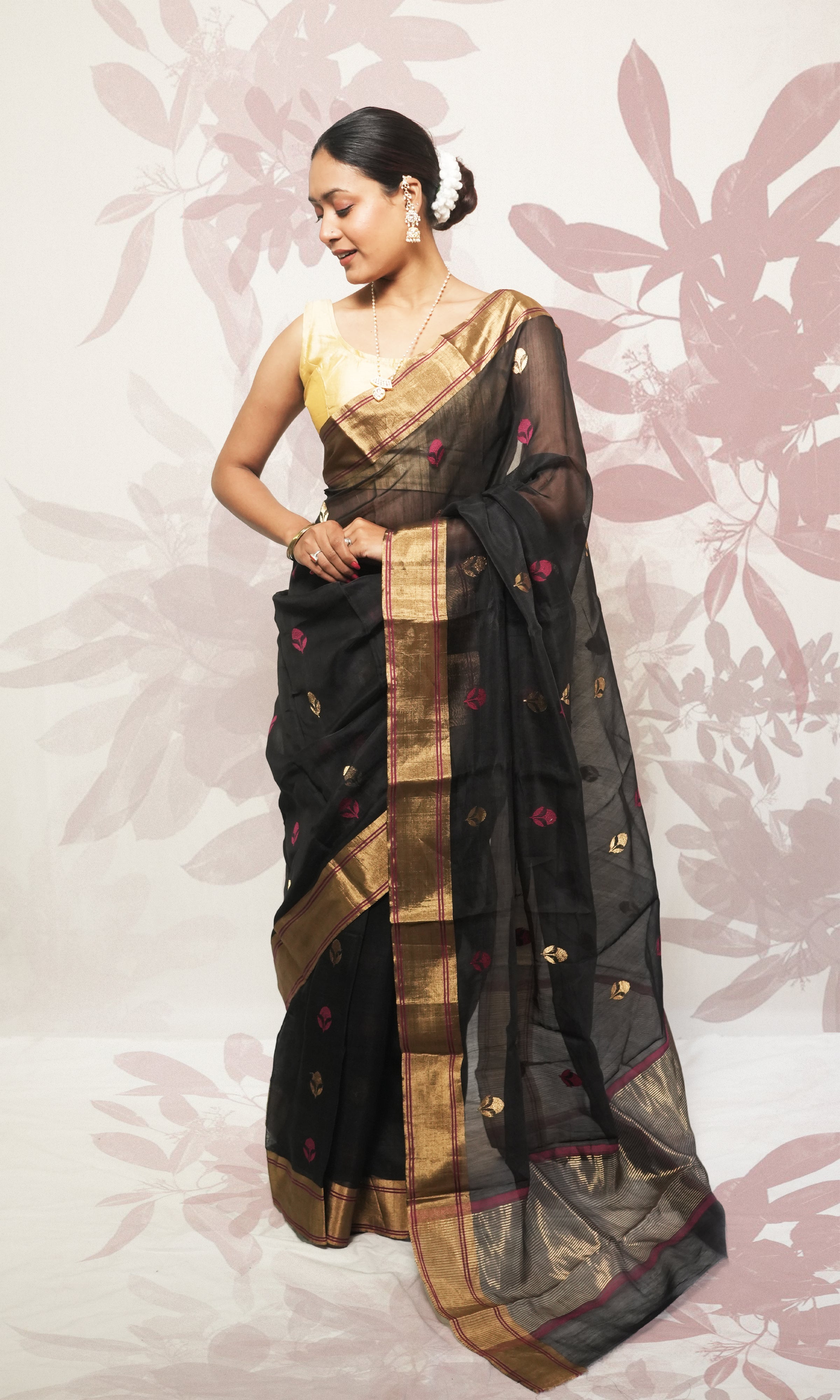 Charcoal Black And Gold Border Chanderi Silk Saree