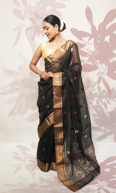Charcoal Black And Gold Border Chanderi Silk Saree