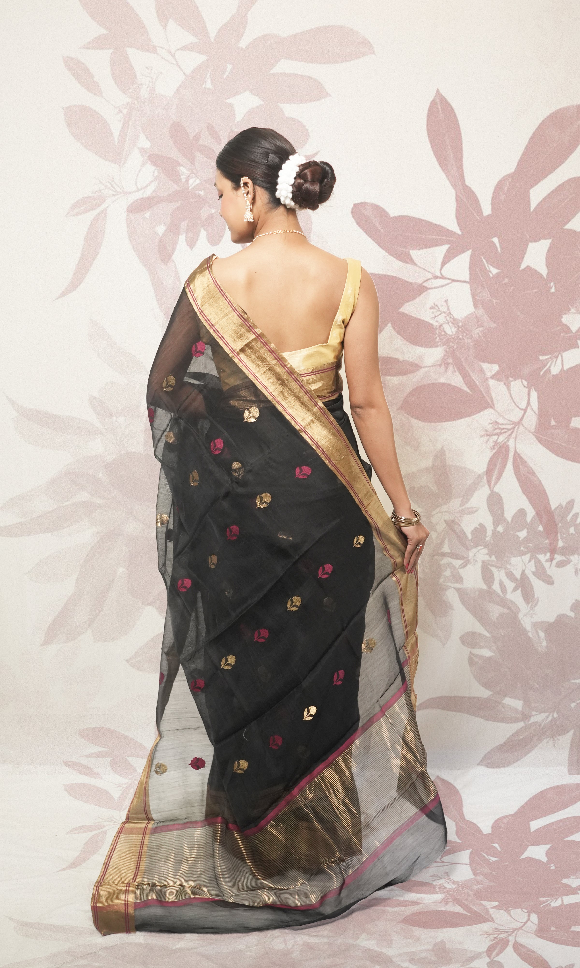 Charcoal Black And Gold Border Chanderi Silk Saree