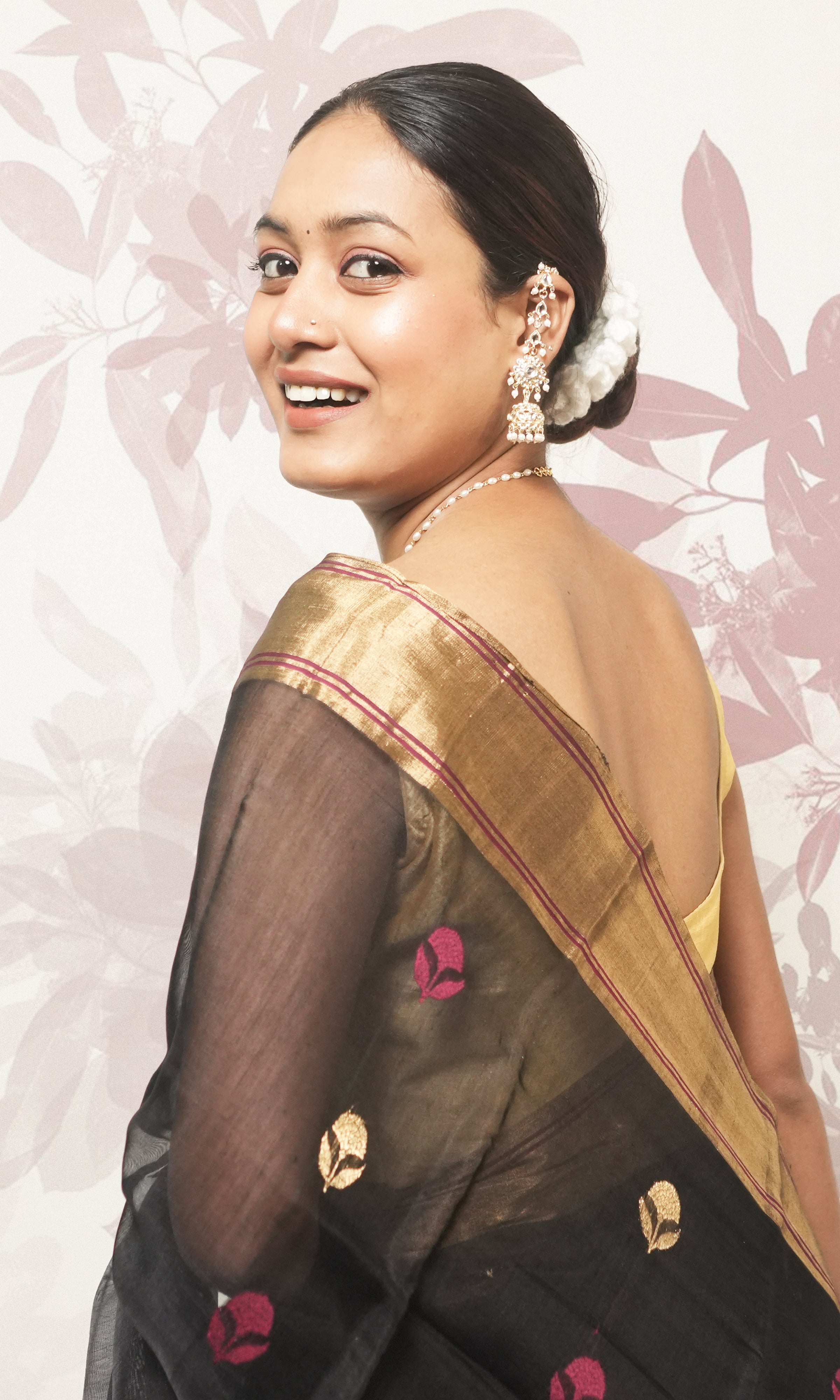 Charcoal Black And Gold Border Chanderi Silk Saree