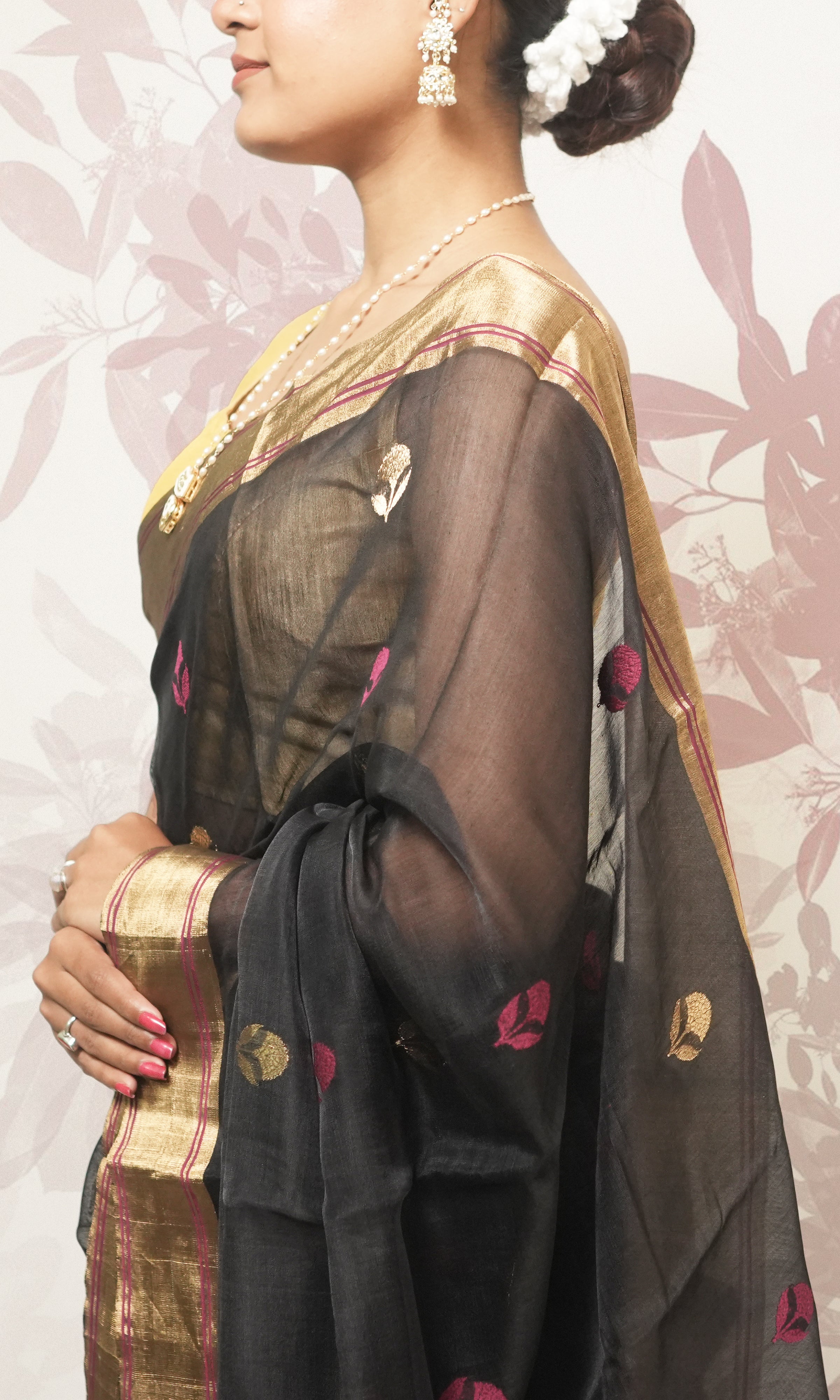 Charcoal Black And Gold Border Chanderi Silk Saree