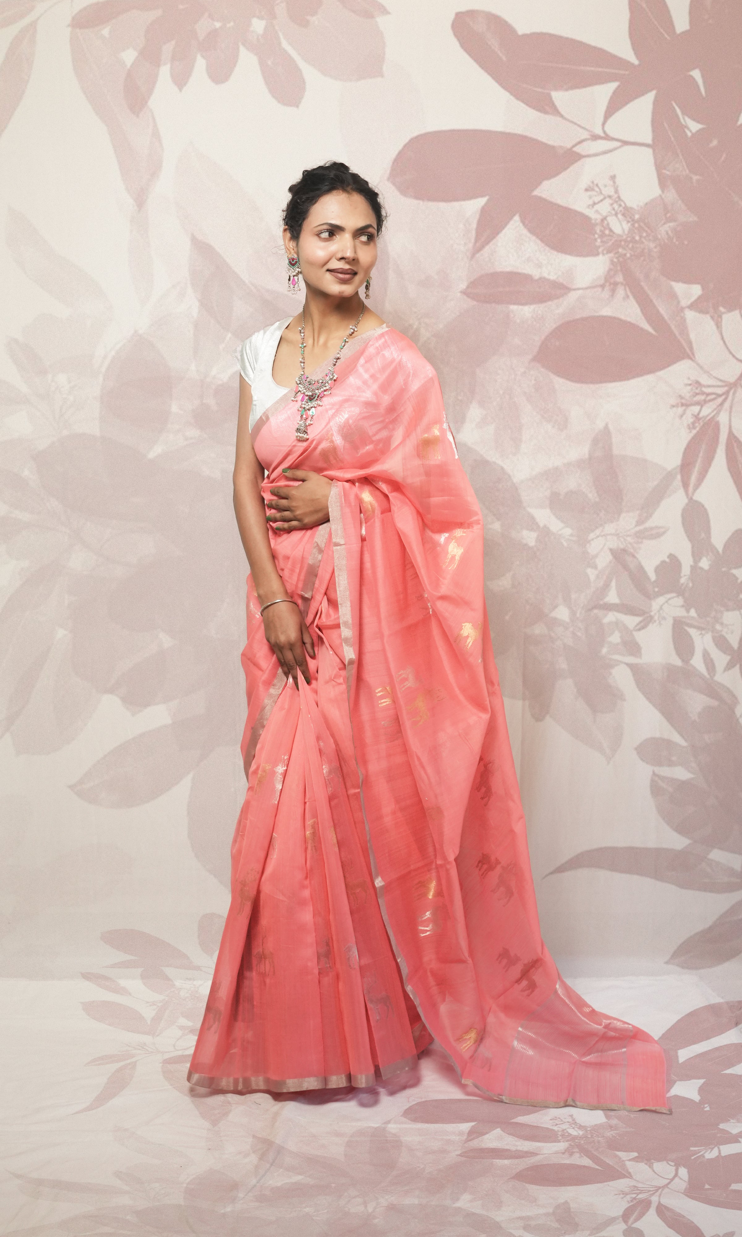 Deep Peach And Sliver Border Chanderi Silk Saree