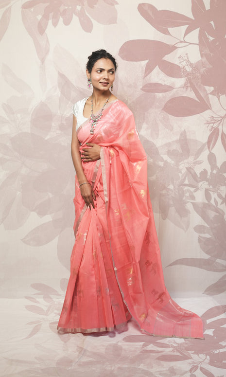 Deep Peach And Sliver Border Chanderi Silk Saree