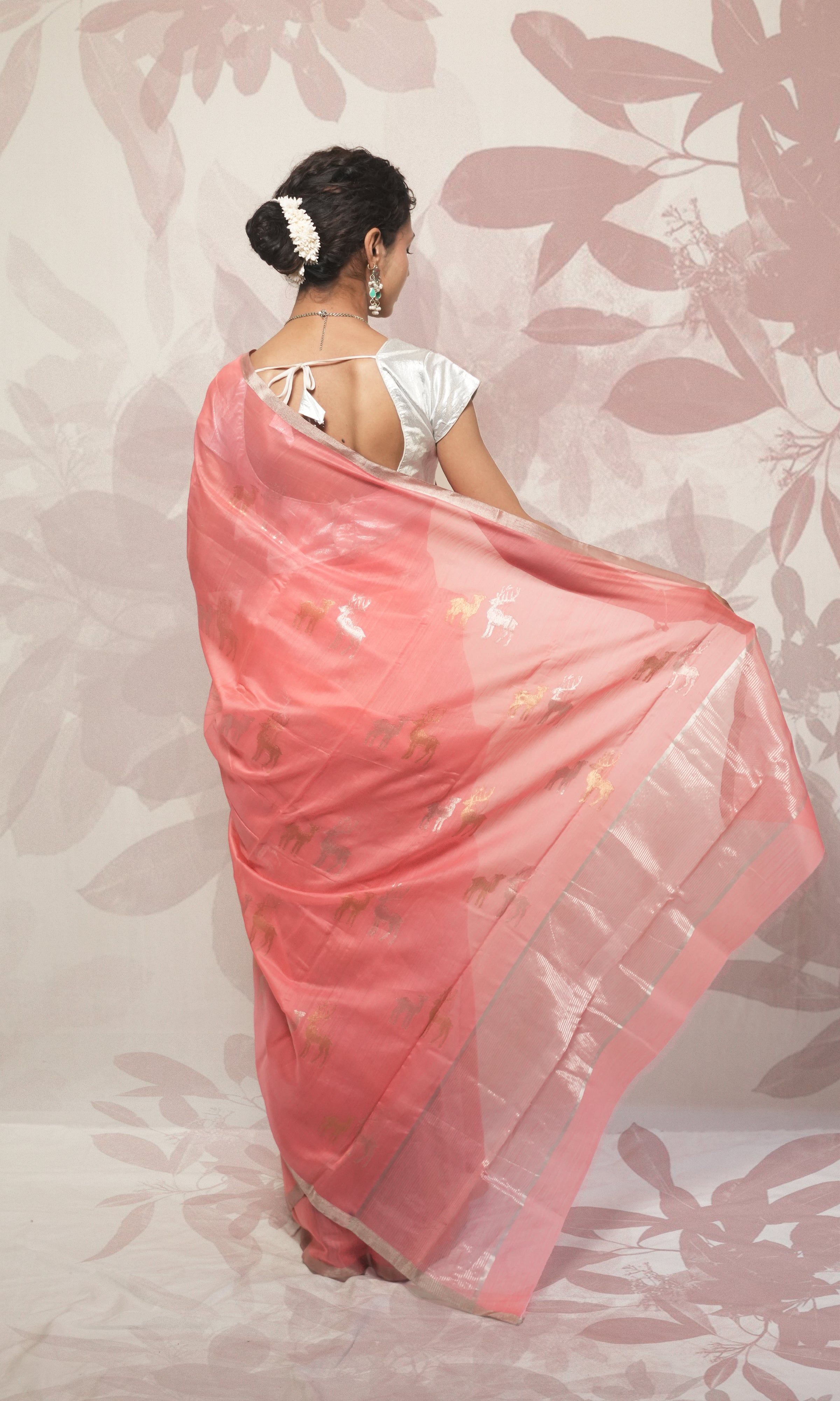 Deep Peach And Sliver Border Chanderi Silk Saree