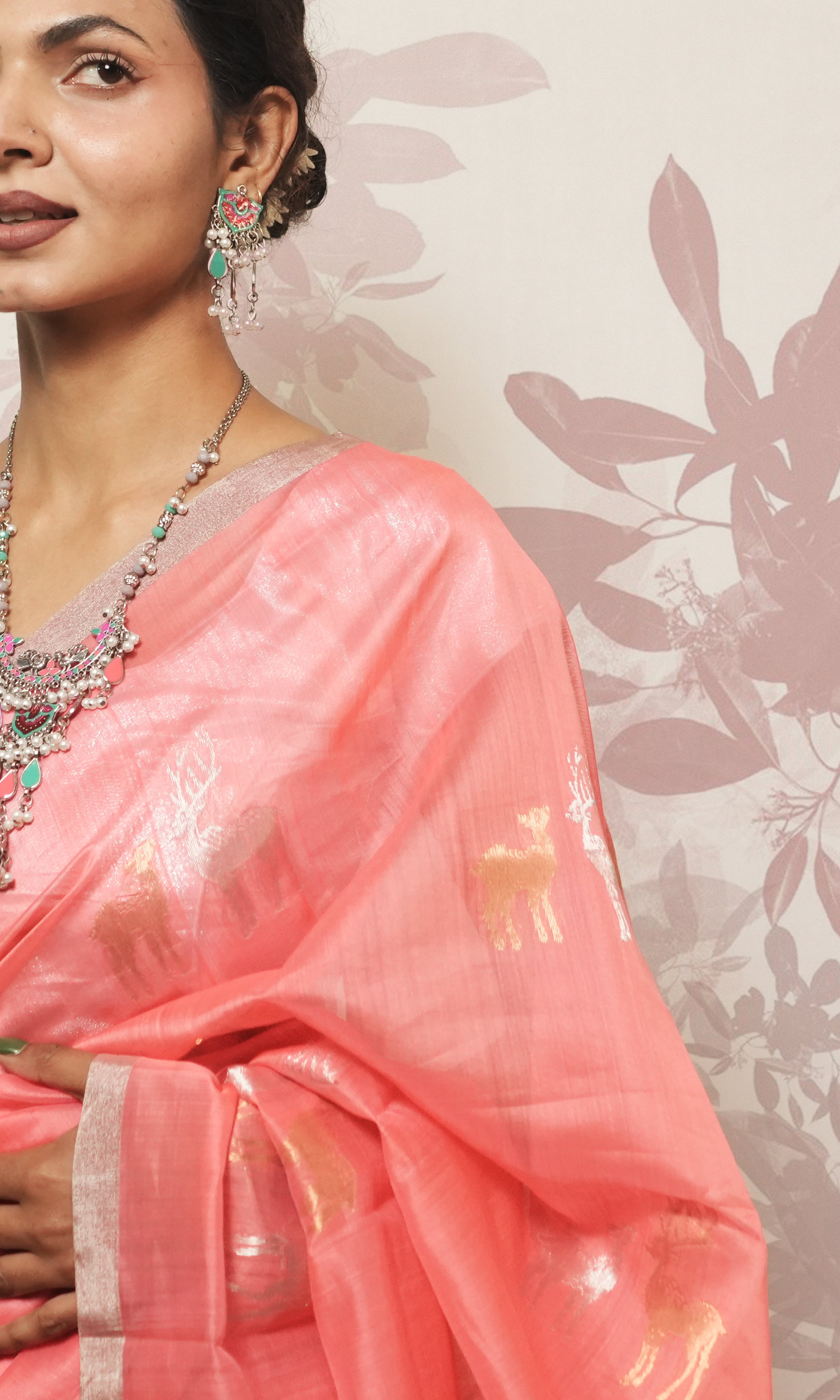 Deep Peach And Sliver Border Chanderi Silk Saree