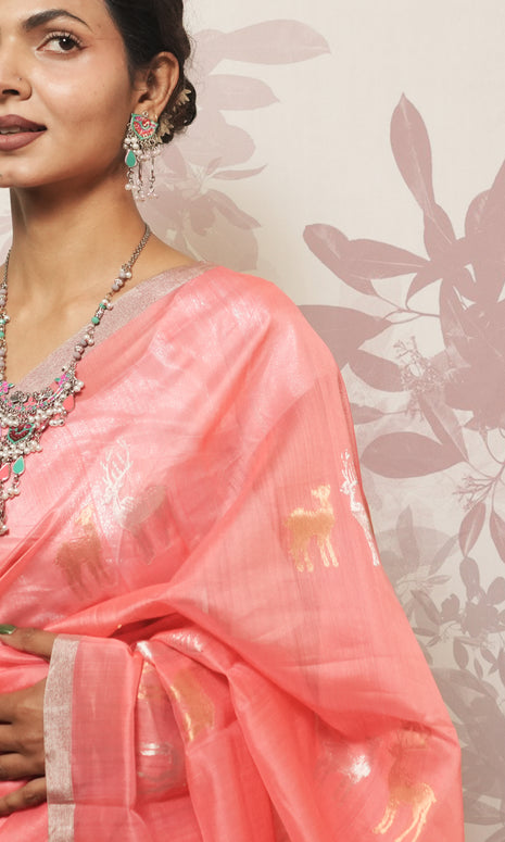 Deep Peach And Sliver Border Chanderi Silk Saree