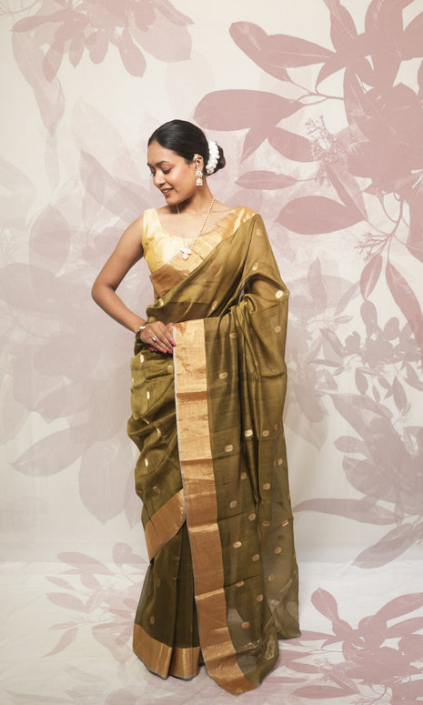 Mehandi  And Gold Border Chanderi Silk Saree