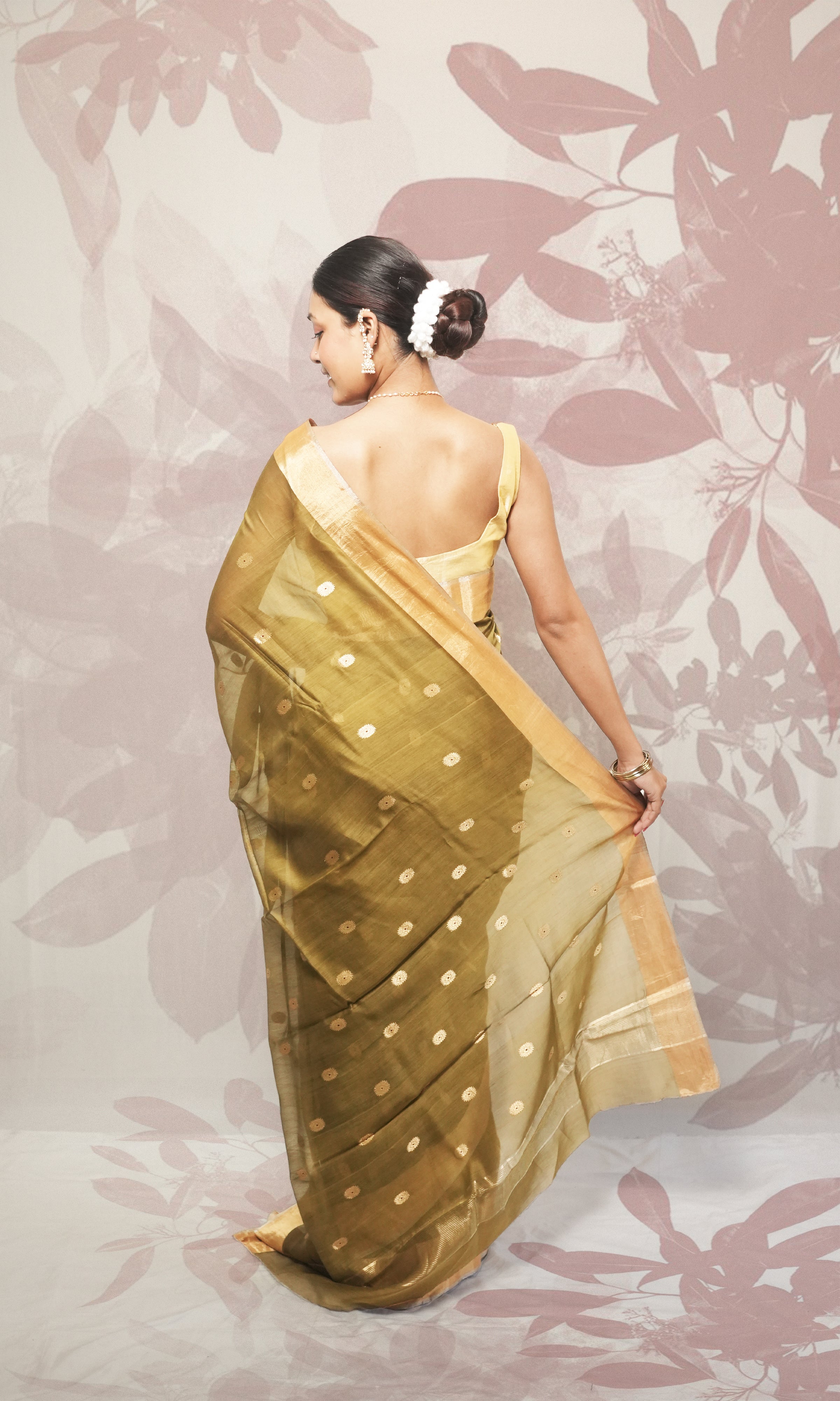 Mehandi  And Gold Border Chanderi Silk Saree