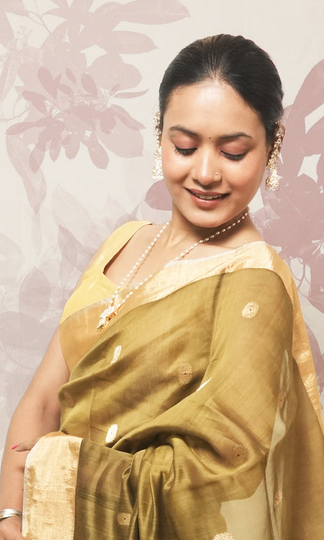 Mehandi  And Gold Border Chanderi Silk Saree