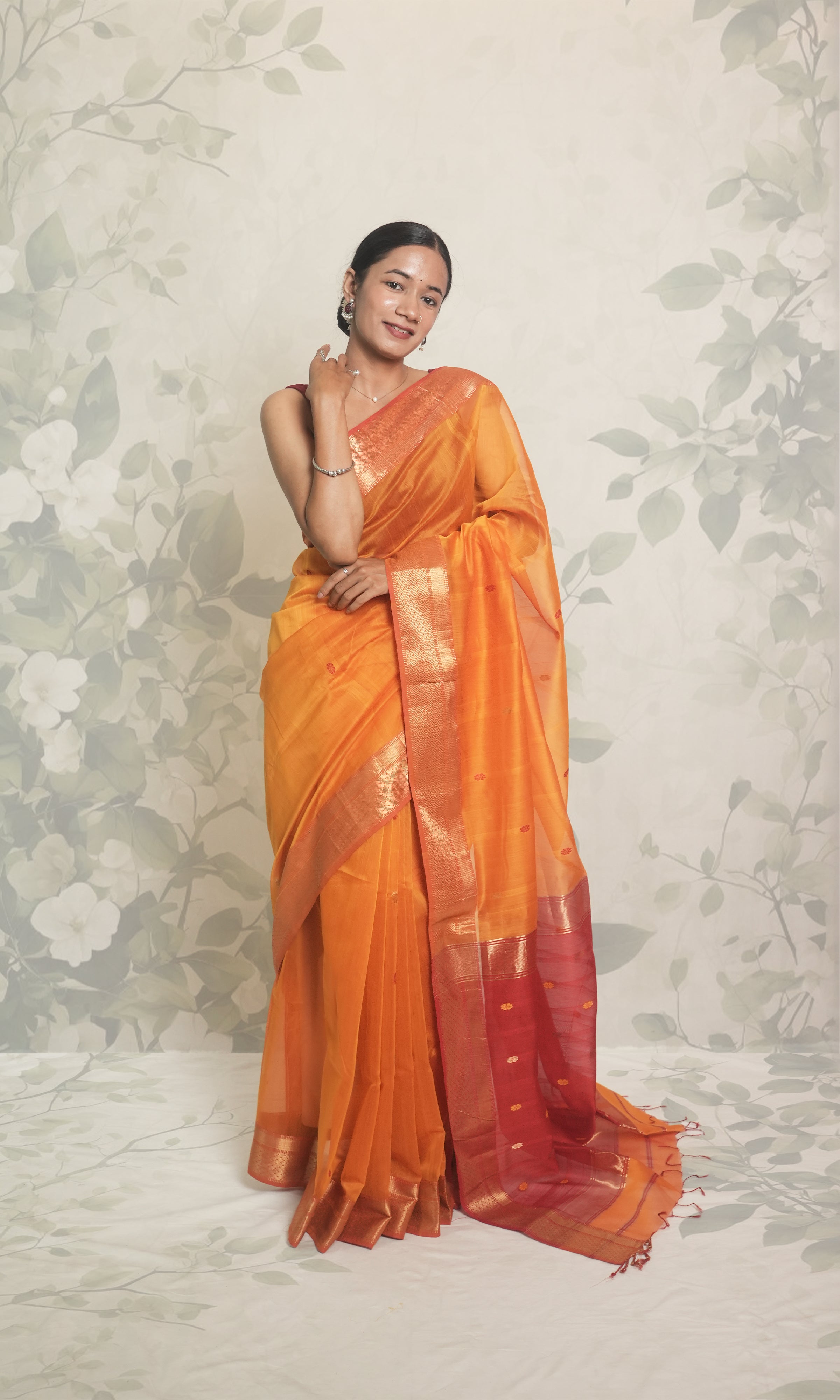 Ochre Yellow, Brick Red Maheshwari Saree With Blouse Piece