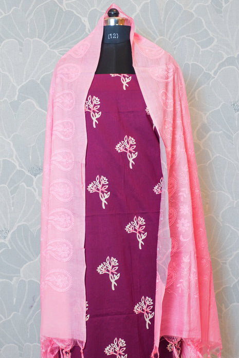 Dark Magenta & Baby Pink  Cotton Dress Material