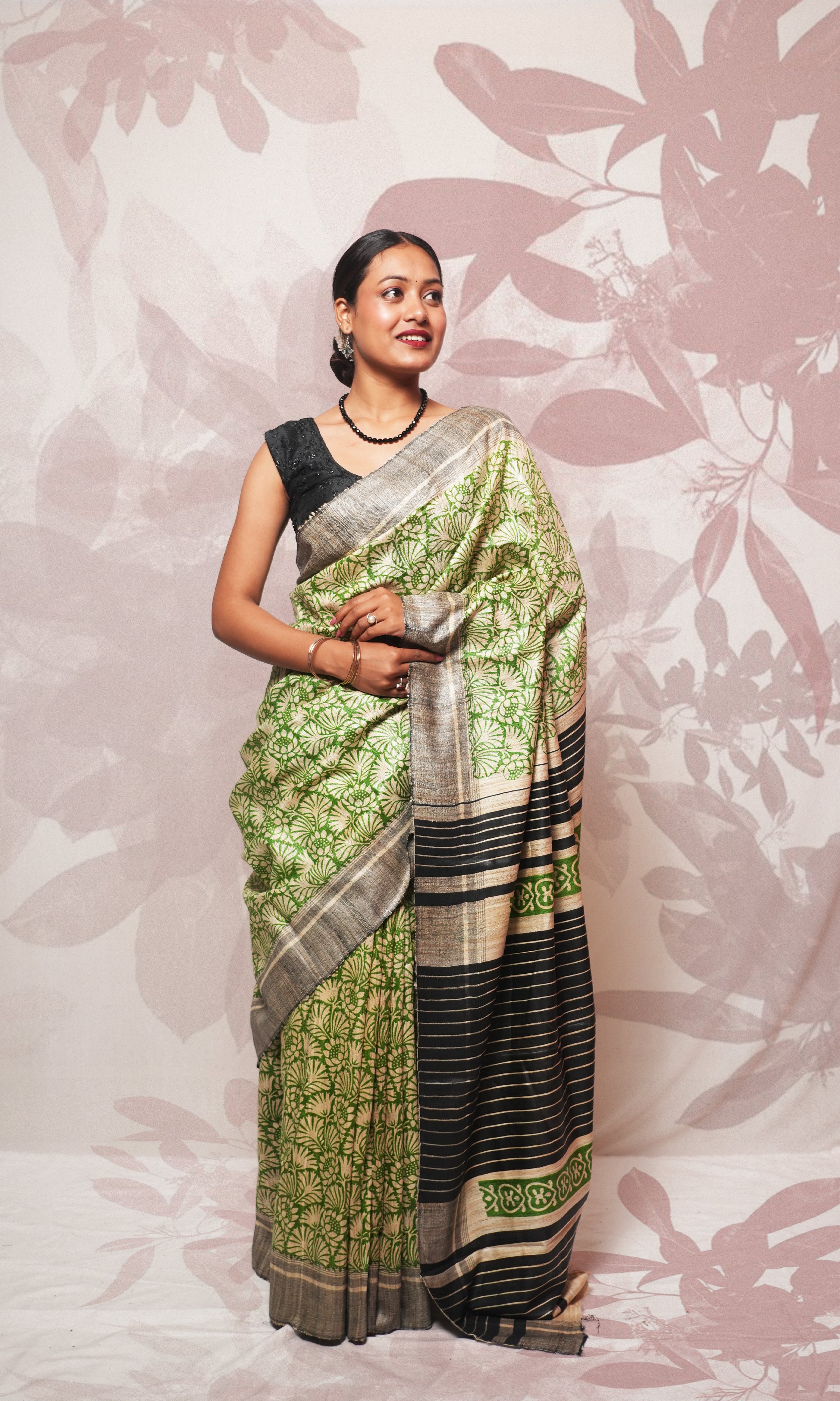 Green Handblock Print On Gicha Tussar Silk Saree