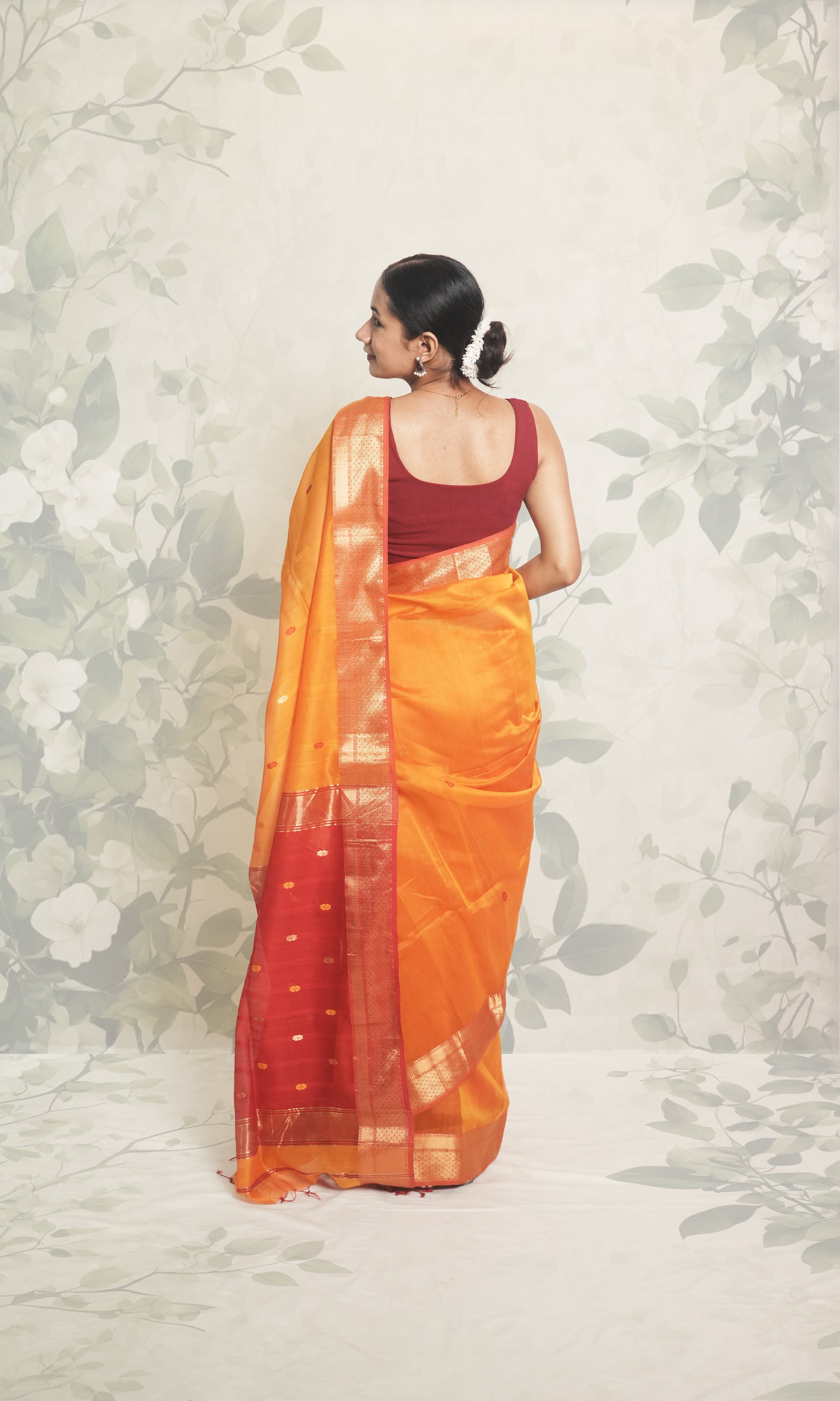 Ochre Yellow, Brick Red Maheshwari Saree With Blouse Piece