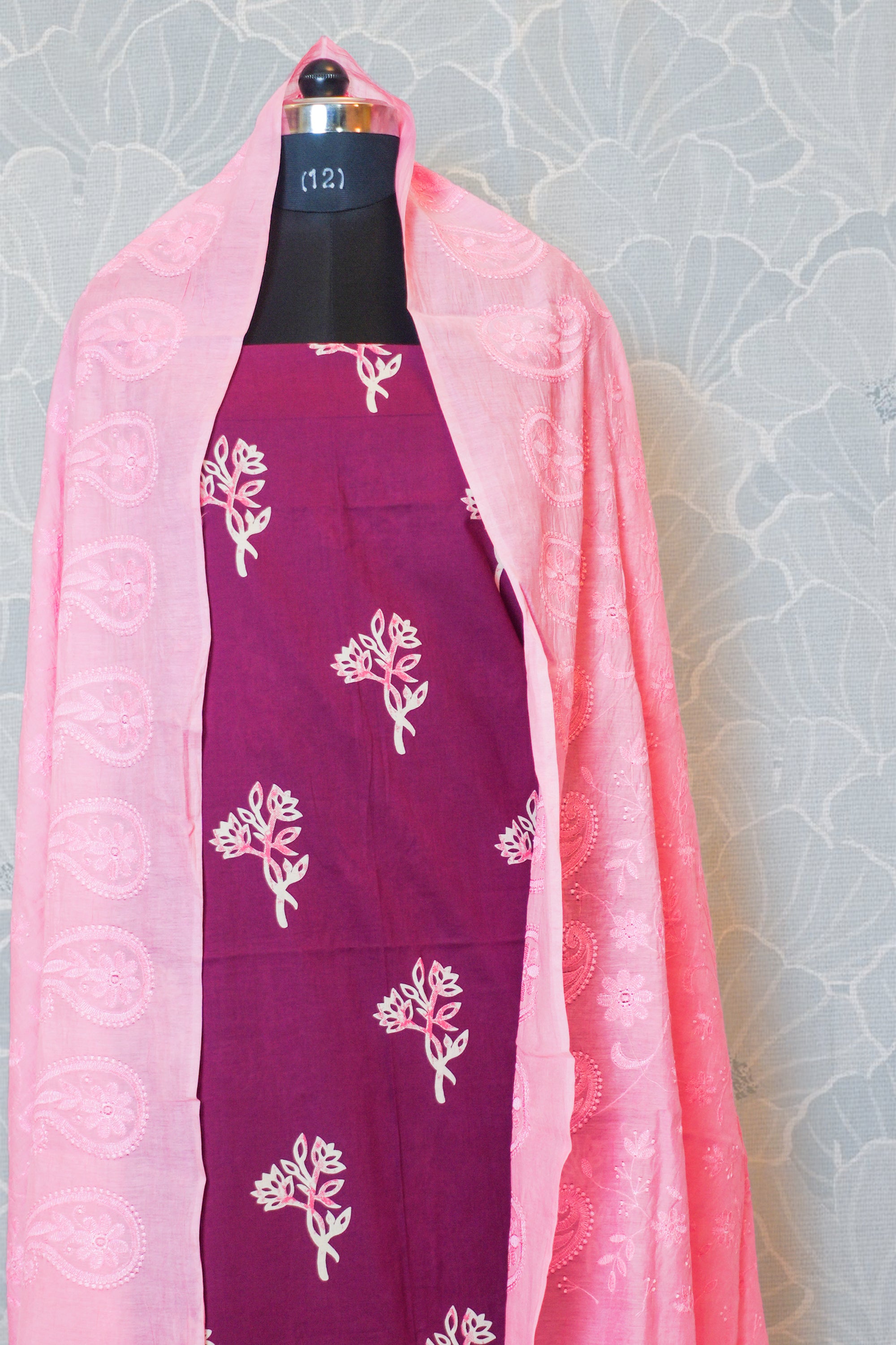 Dark Magenta & Baby Pink  Cotton Dress Material