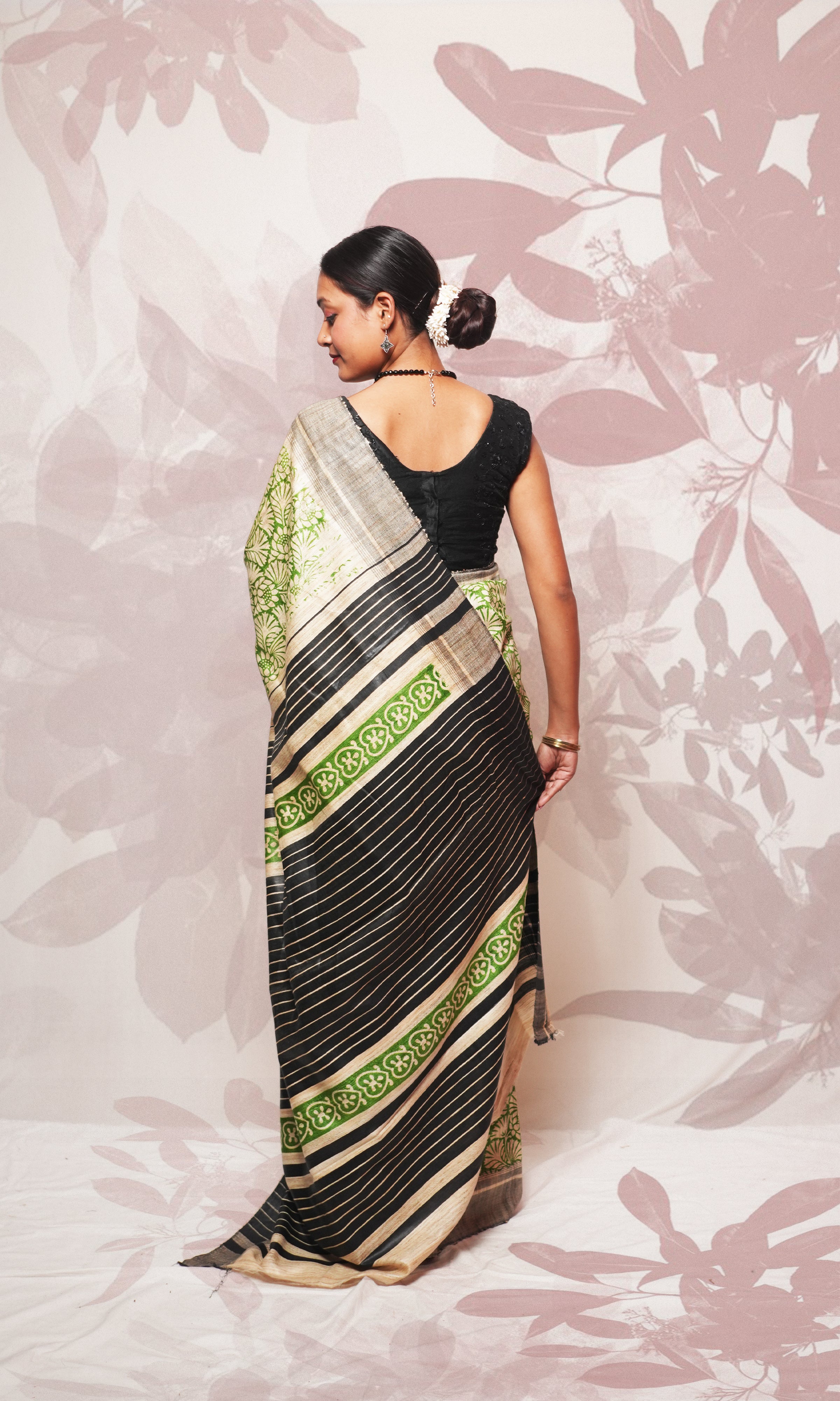 Green Handblock Print On Gicha Tussar Silk Saree