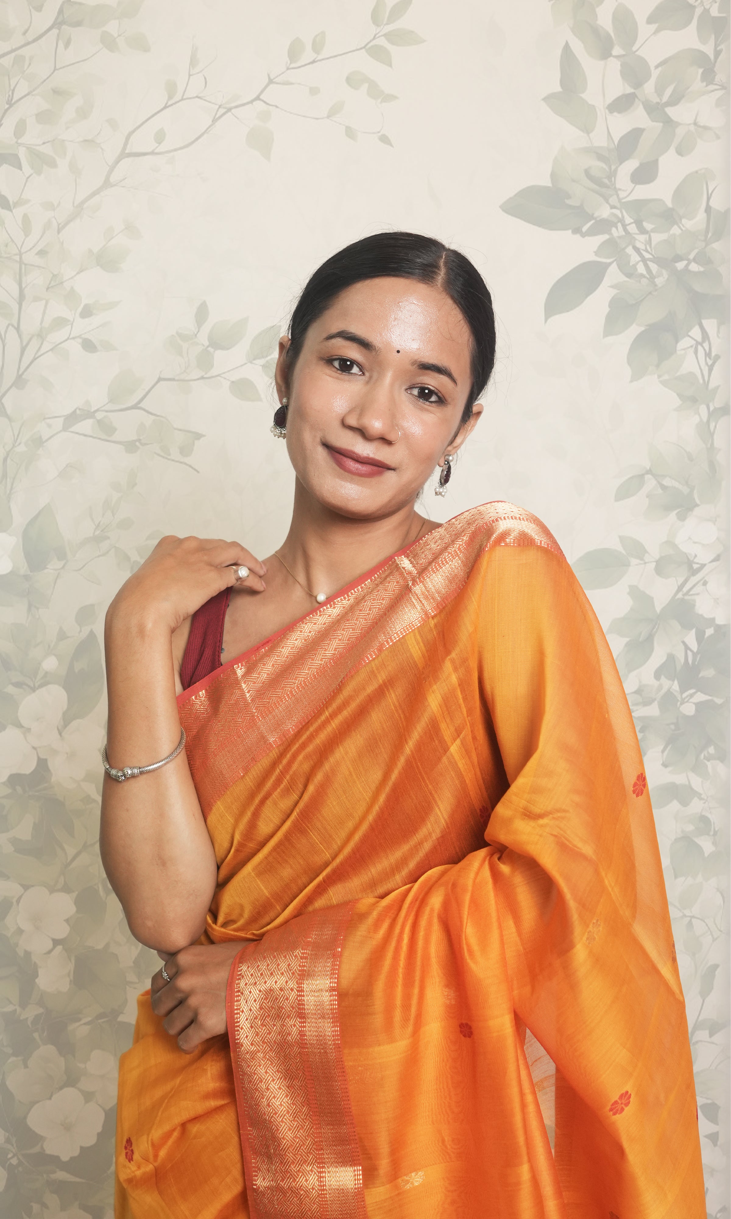 Ochre Yellow, Brick Red Maheshwari Saree With Blouse Piece
