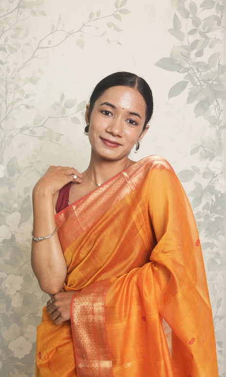 Ochre Yellow, Brick Red Maheshwari Saree With Blouse Piece