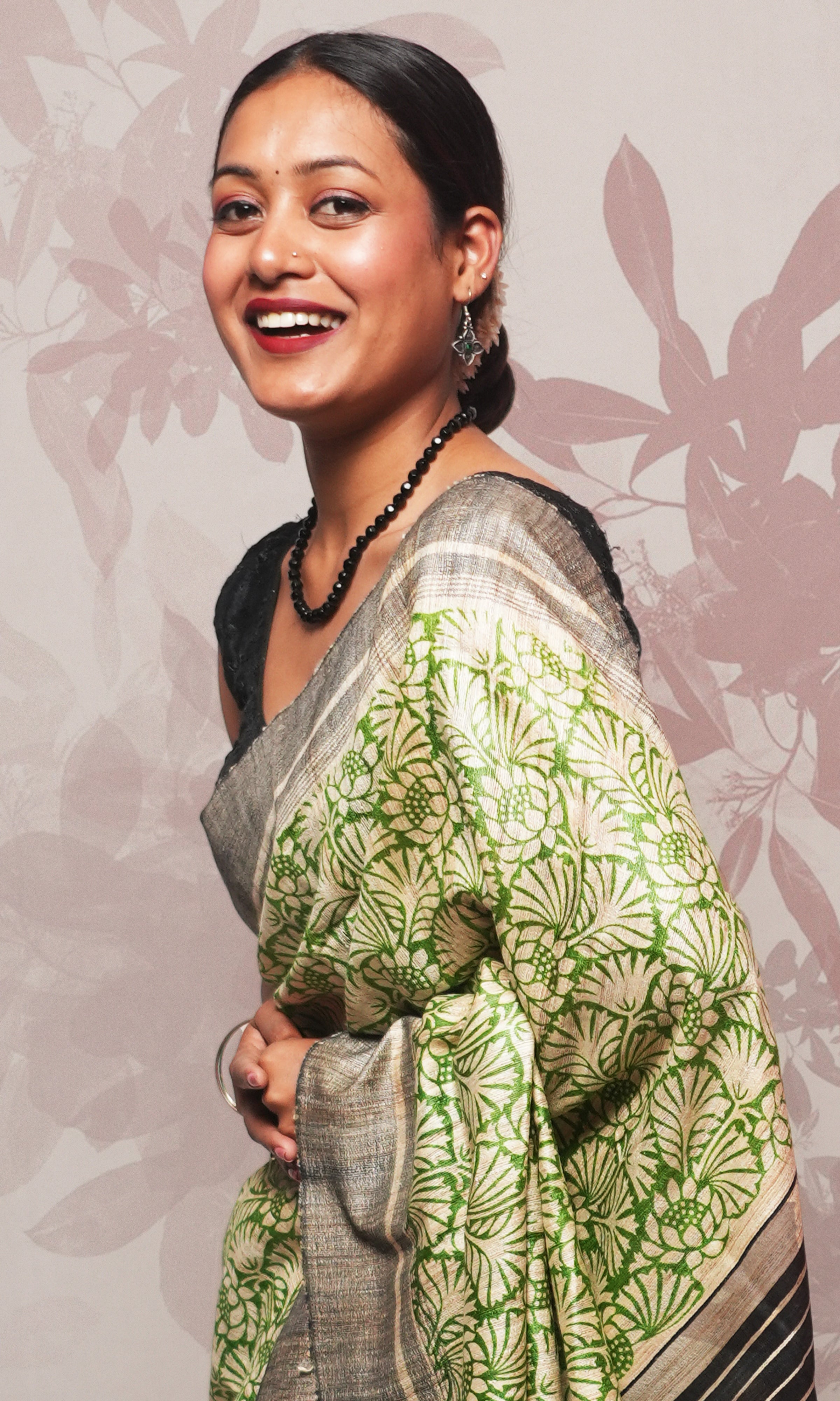 Green Handblock Print On Gicha Tussar Silk Saree