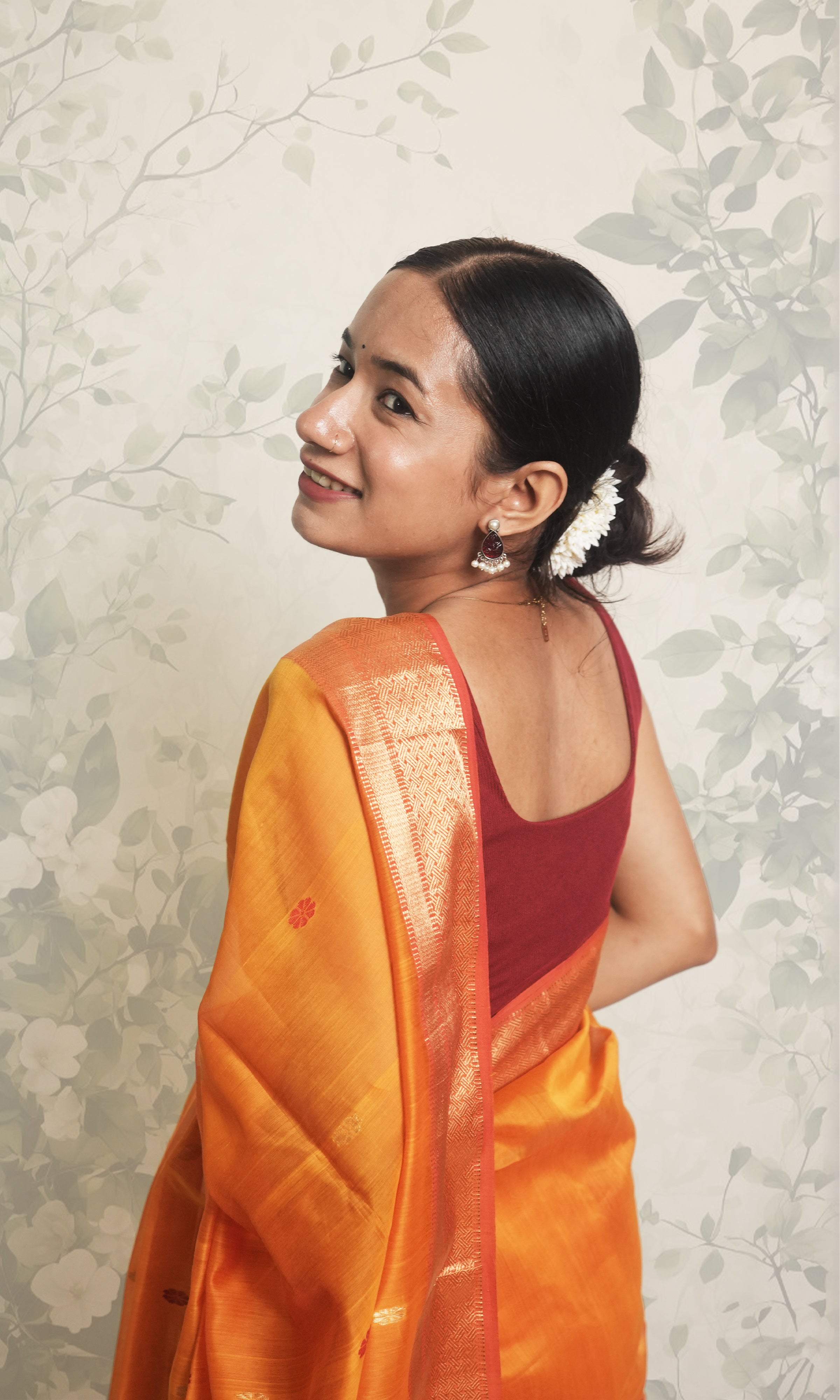 Ochre Yellow, Brick Red Maheshwari Saree With Blouse Piece