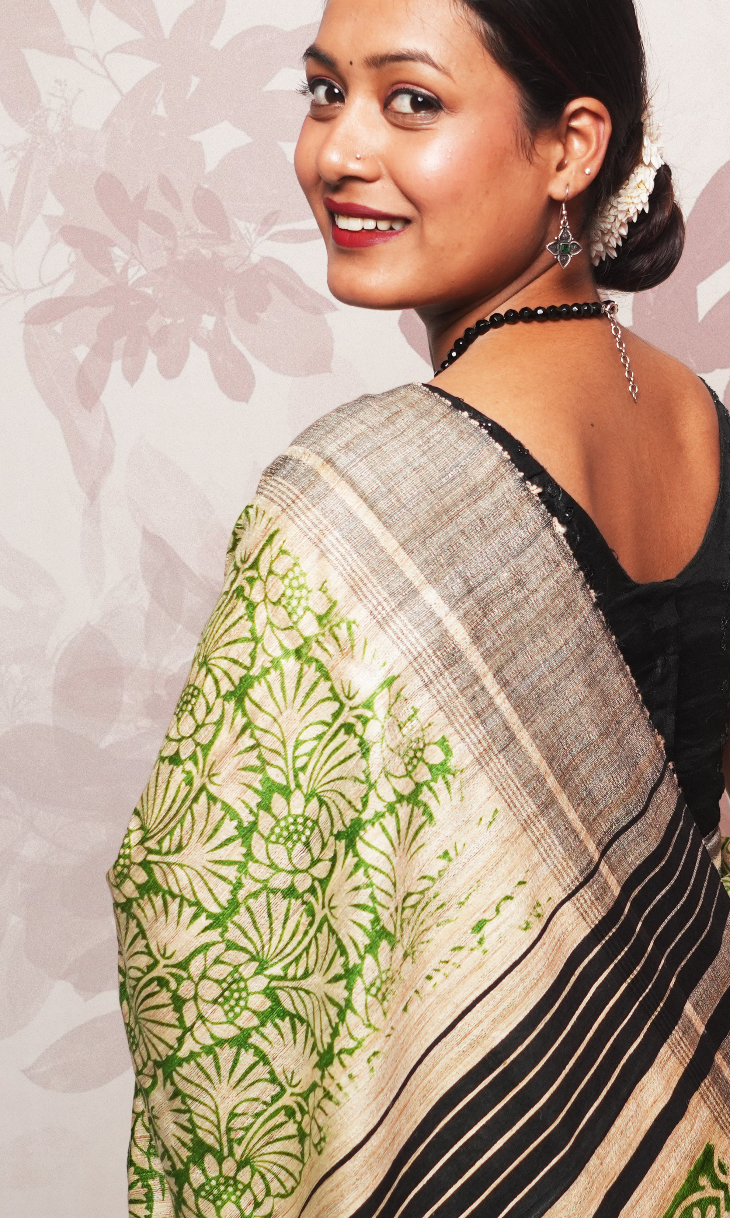 Green Handblock Print On Gicha Tussar Silk Saree