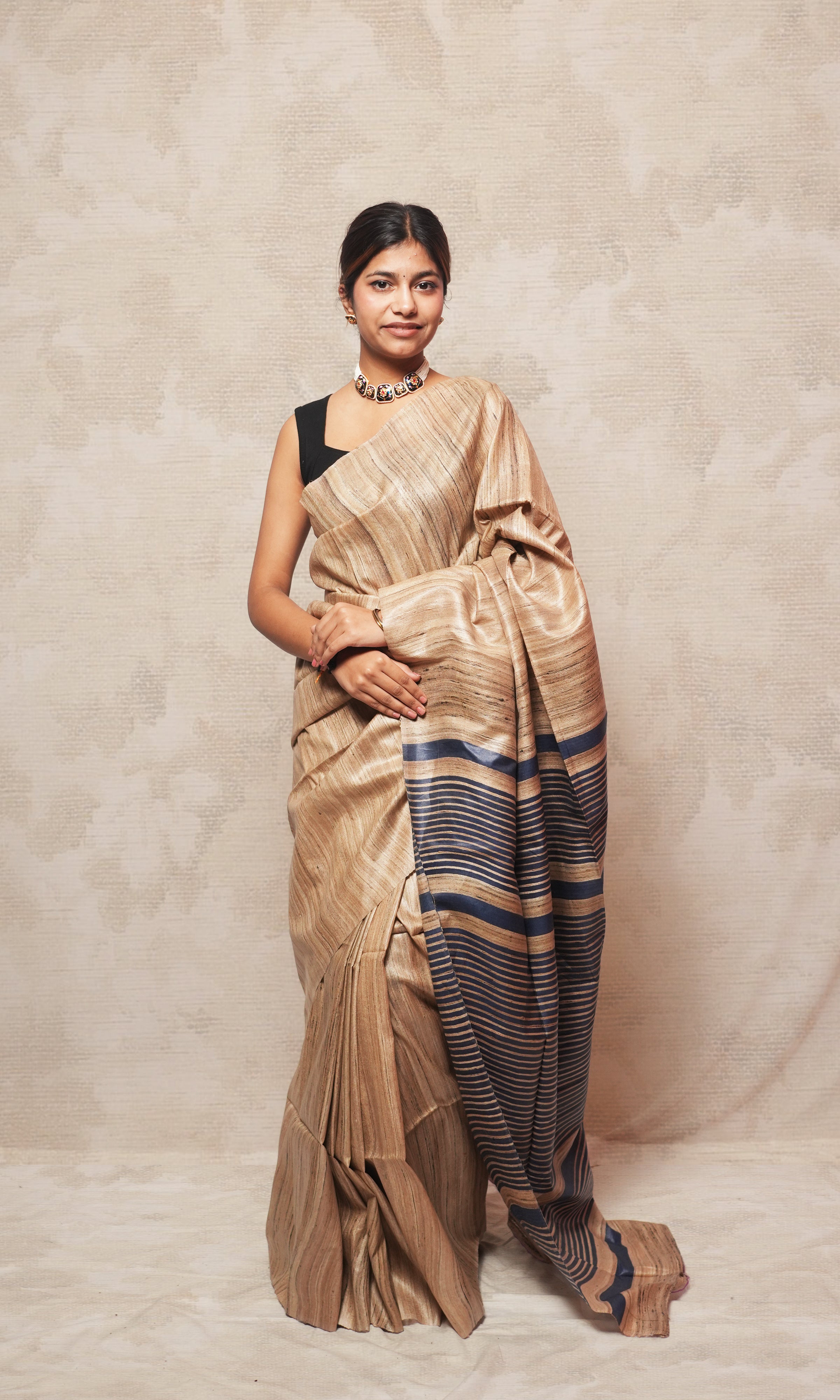 Beautiful Midnight Blue And Raw Gold Gicha Tussar Silk Saree