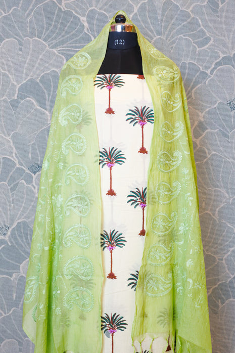 White & Lemon Green Cotton Dress Material