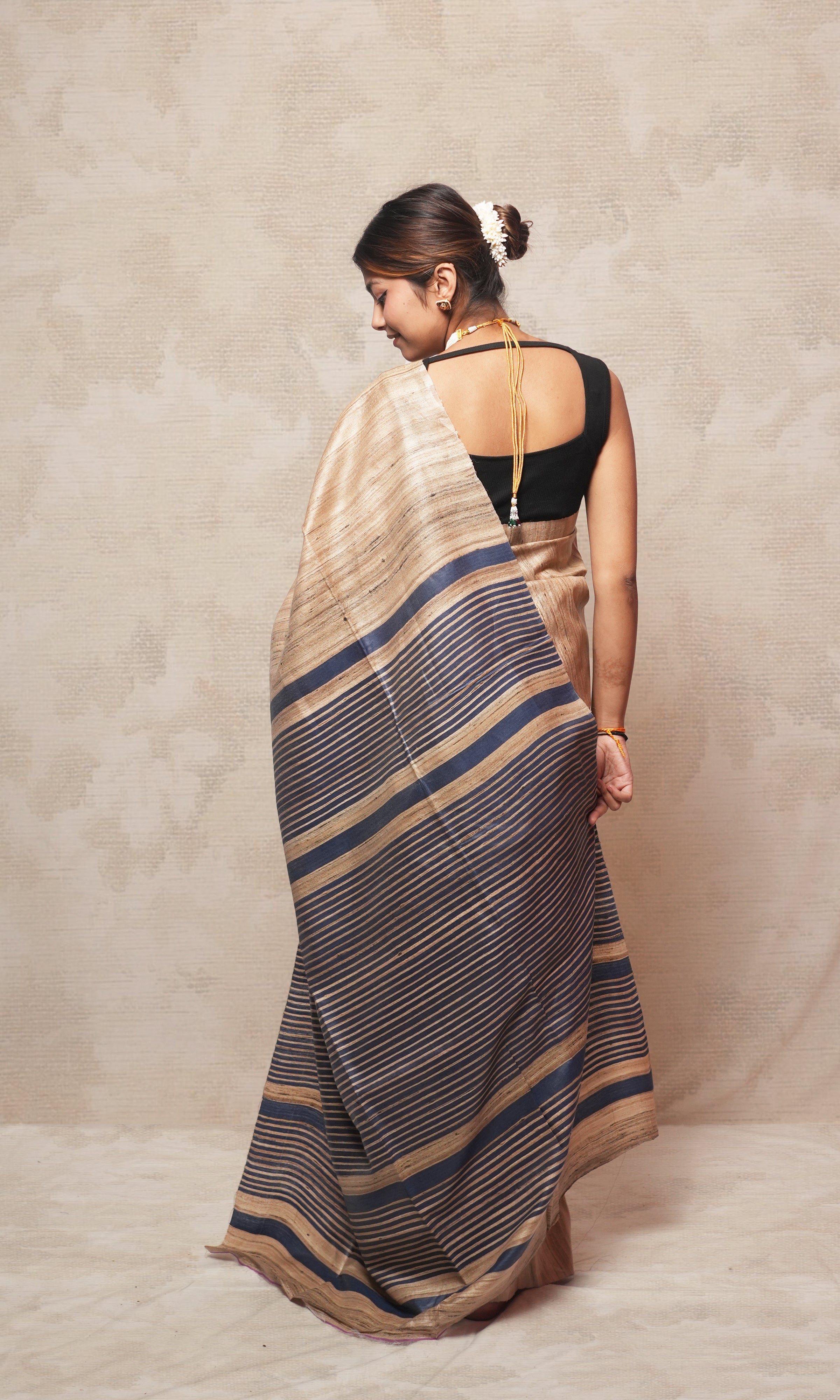 Beautiful Midnight Blue And Raw Gold Gicha Tussar Silk Saree