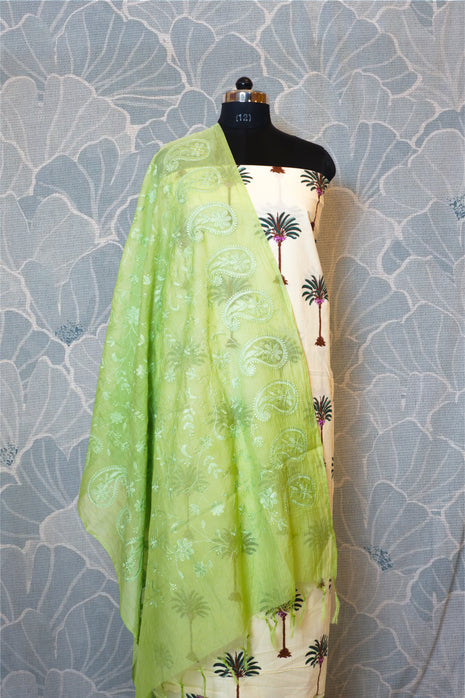 White & Lemon Green Cotton Dress Material