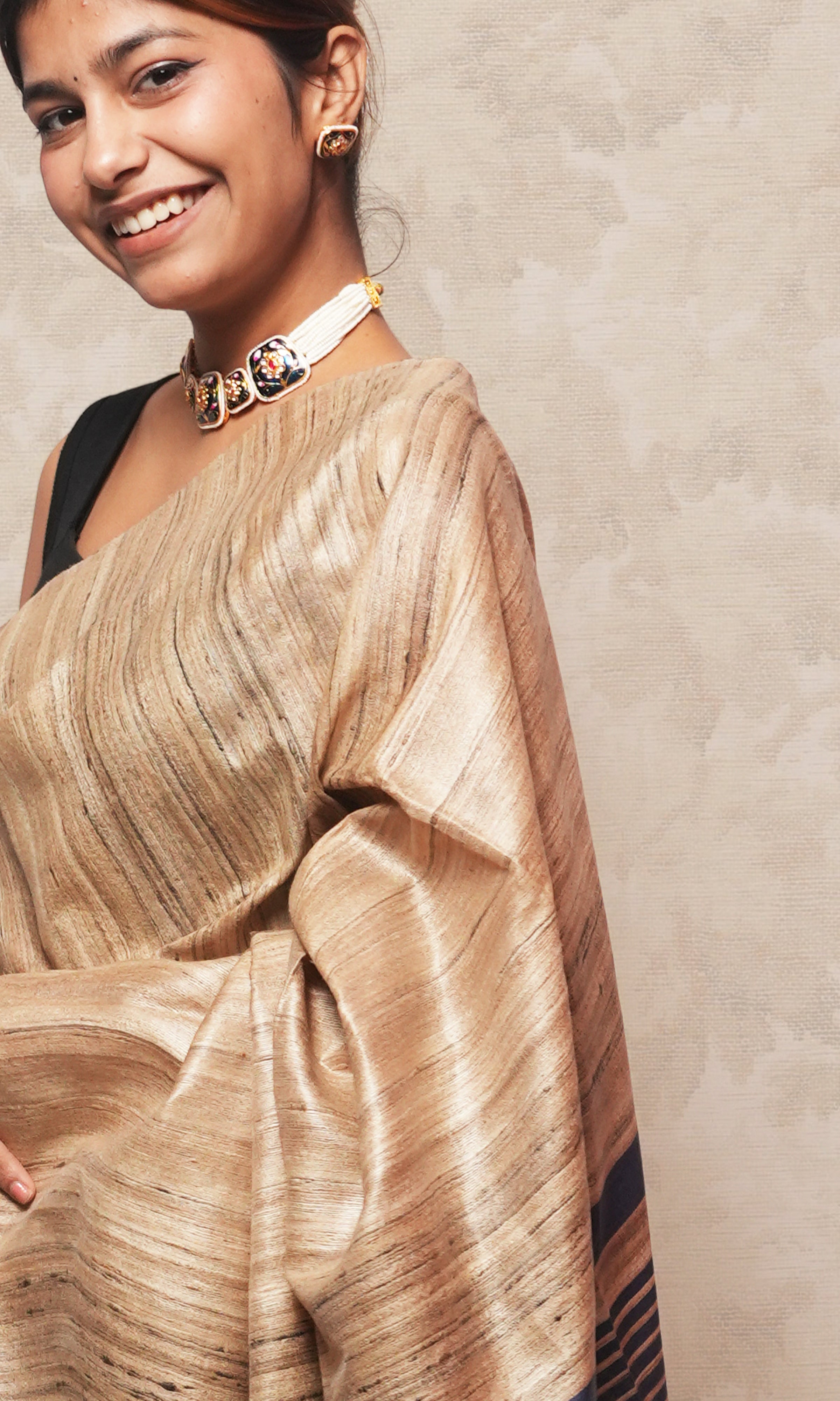 Beautiful Midnight Blue And Raw Gold Gicha Tussar Silk Saree