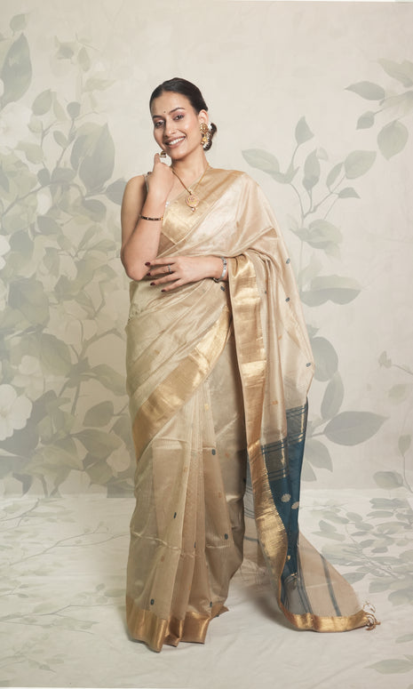 Golden Beige Body With Teal Contrast Zari Maheshwari Silk Saree With Blouse Piece