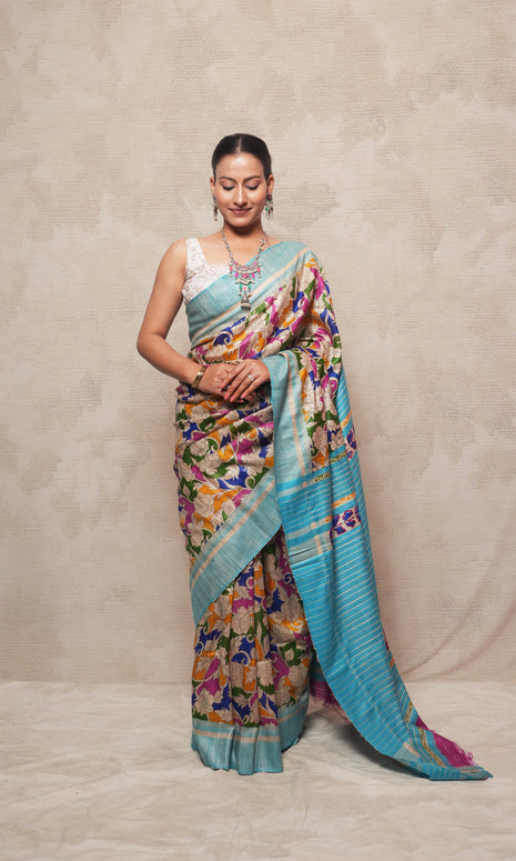 Multicolor Handblock Print On Gicha Tussar Silk Saree