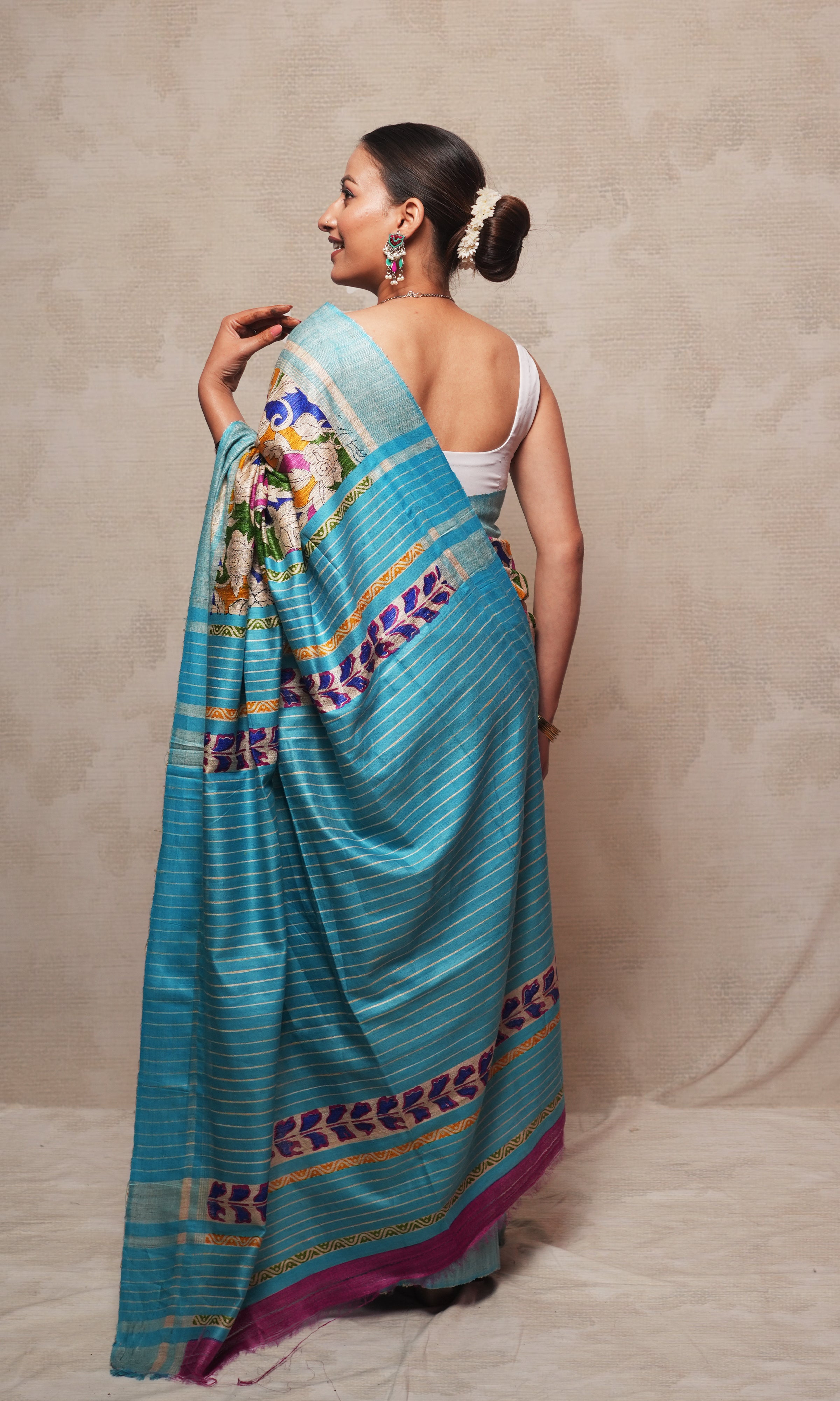 Multicolor Handblock Print On Gicha Tussar Silk Saree
